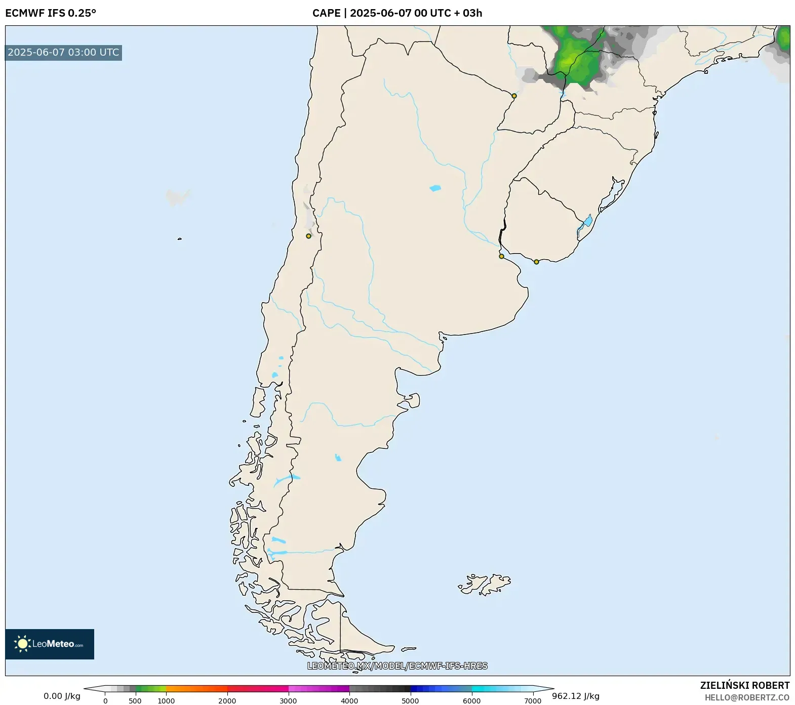 ECMWF IFS 0.25° model - Argentina, CAPE ECMWF IFS 0.25° model - Argentina, CAPE