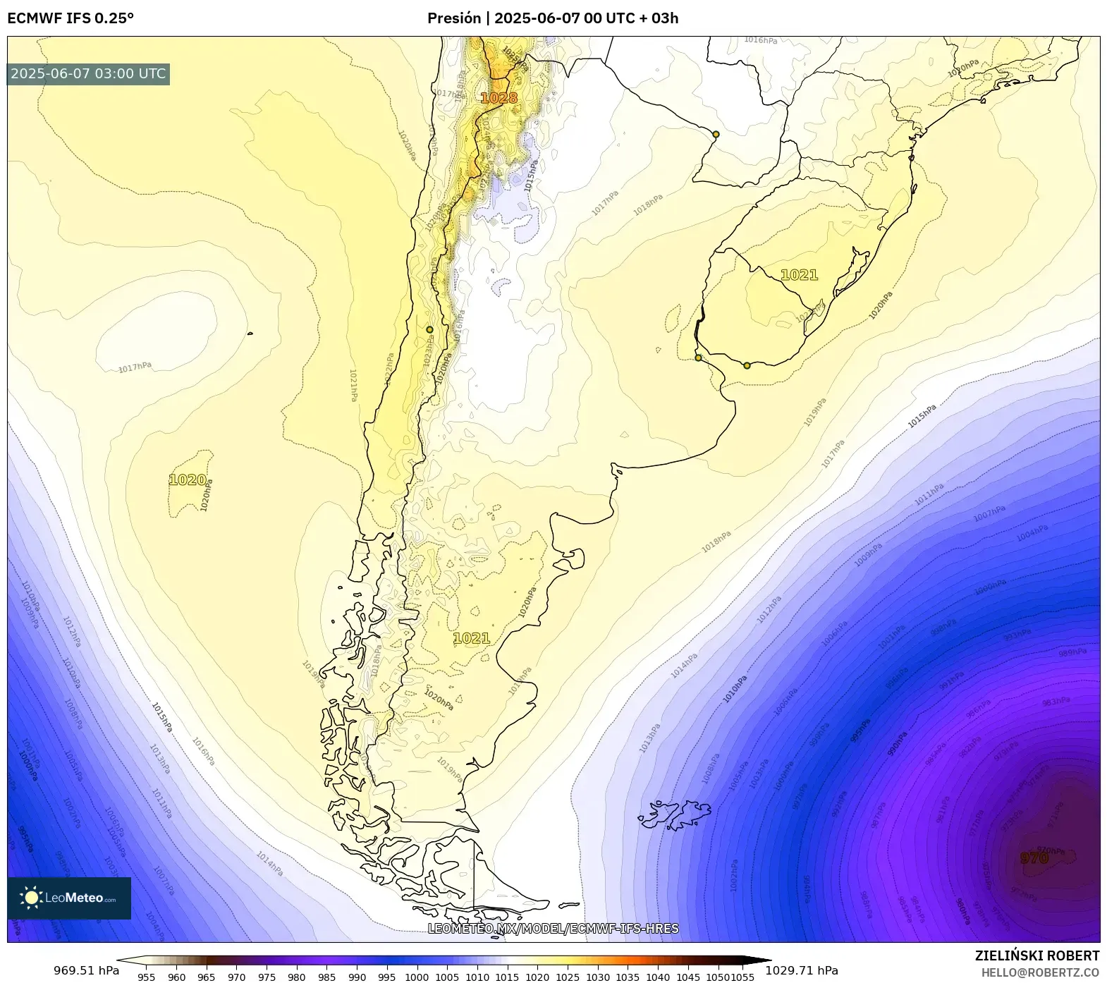 ECMWF IFS 0.25° model - Argentina, Presión ECMWF IFS 0.25° model - Argentina, Presión