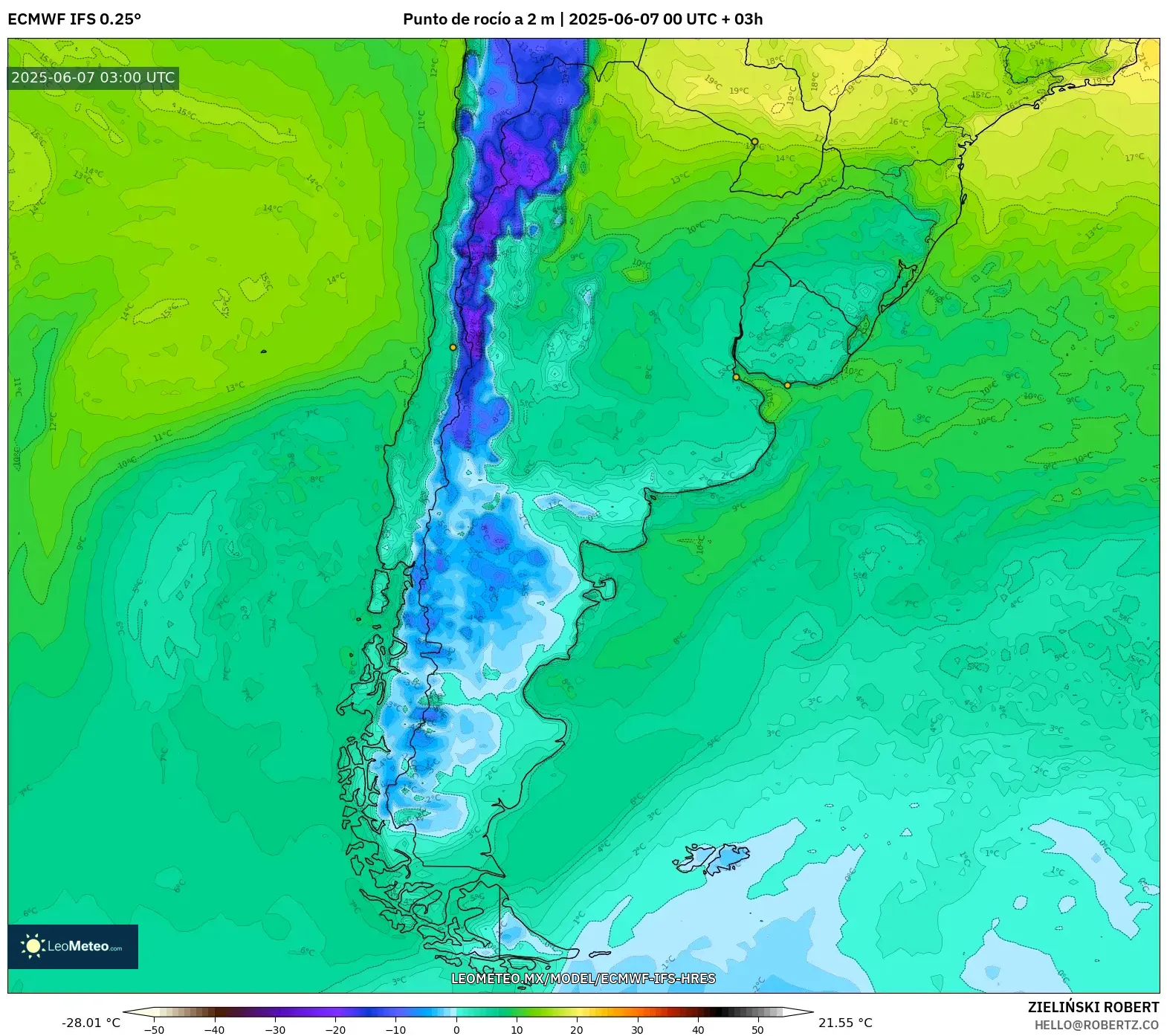 ECMWF IFS 0.25° model - Argentina, Punto de rocío a 2 m ECMWF IFS 0.25° model - Argentina, Punto de rocío a 2 m
