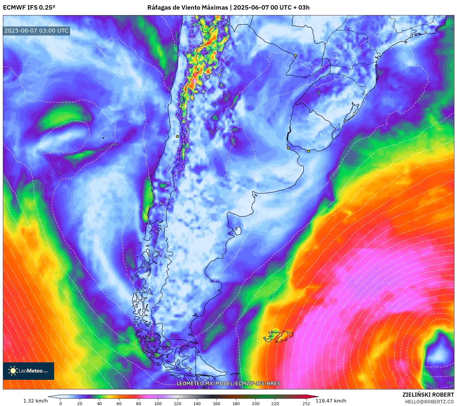 ECMWF IFS 0.25° model - Argentina, Ráfagas de Viento Máximas ECMWF IFS 0.25° model - Argentina, Ráfagas de Viento Máximas