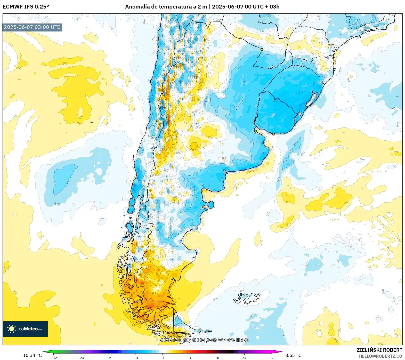 ECMWF IFS 0.25° model - Argentina, Anomalía de temperatura a 2 m