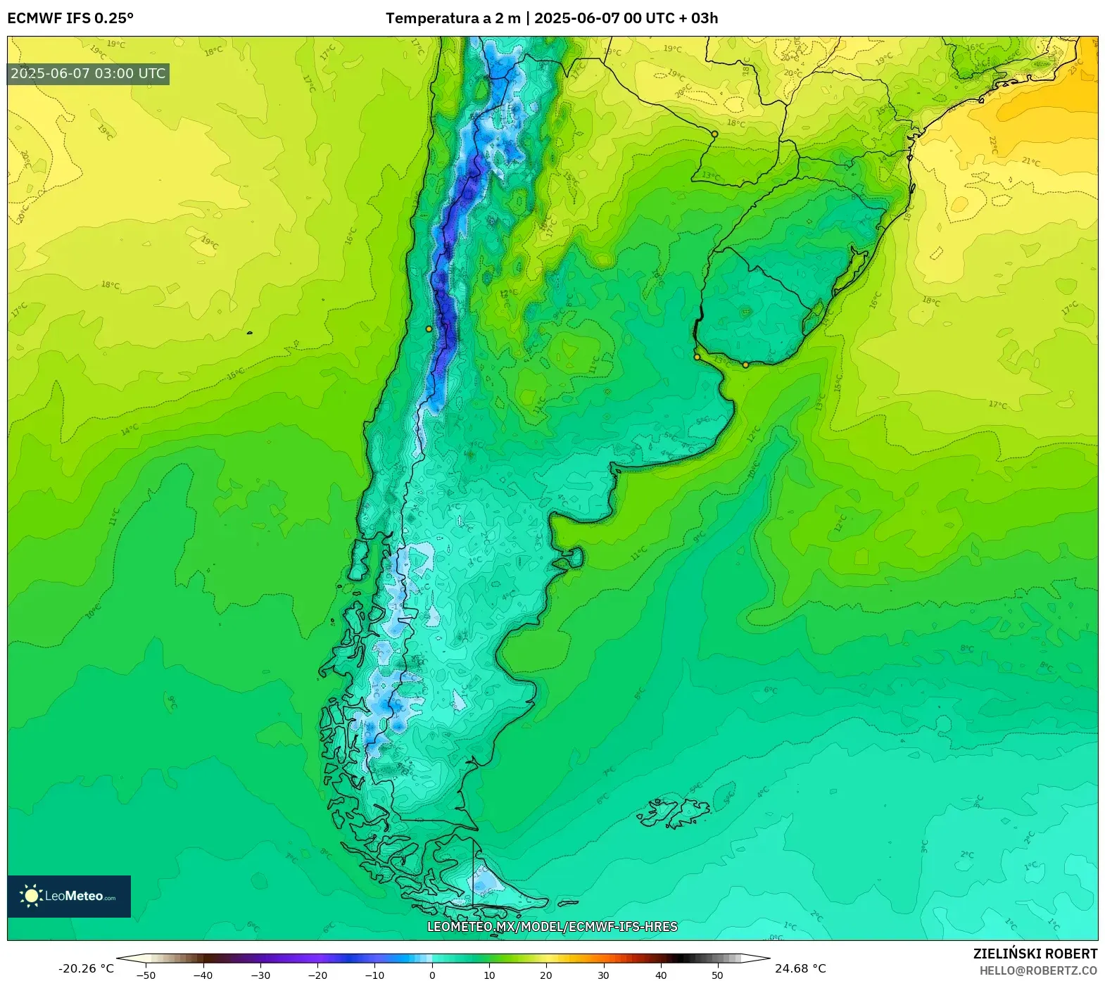 ECMWF IFS 0.25° model - Argentina, Temperatura a 2 m ECMWF IFS 0.25° model - Argentina, Temperatura a 2 m