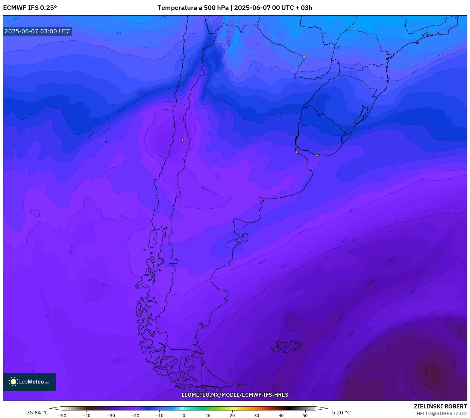 ECMWF IFS 0.25° model - Argentina, Temperatura a 500 hPa ECMWF IFS 0.25° model - Argentina, Temperatura a 500 hPa