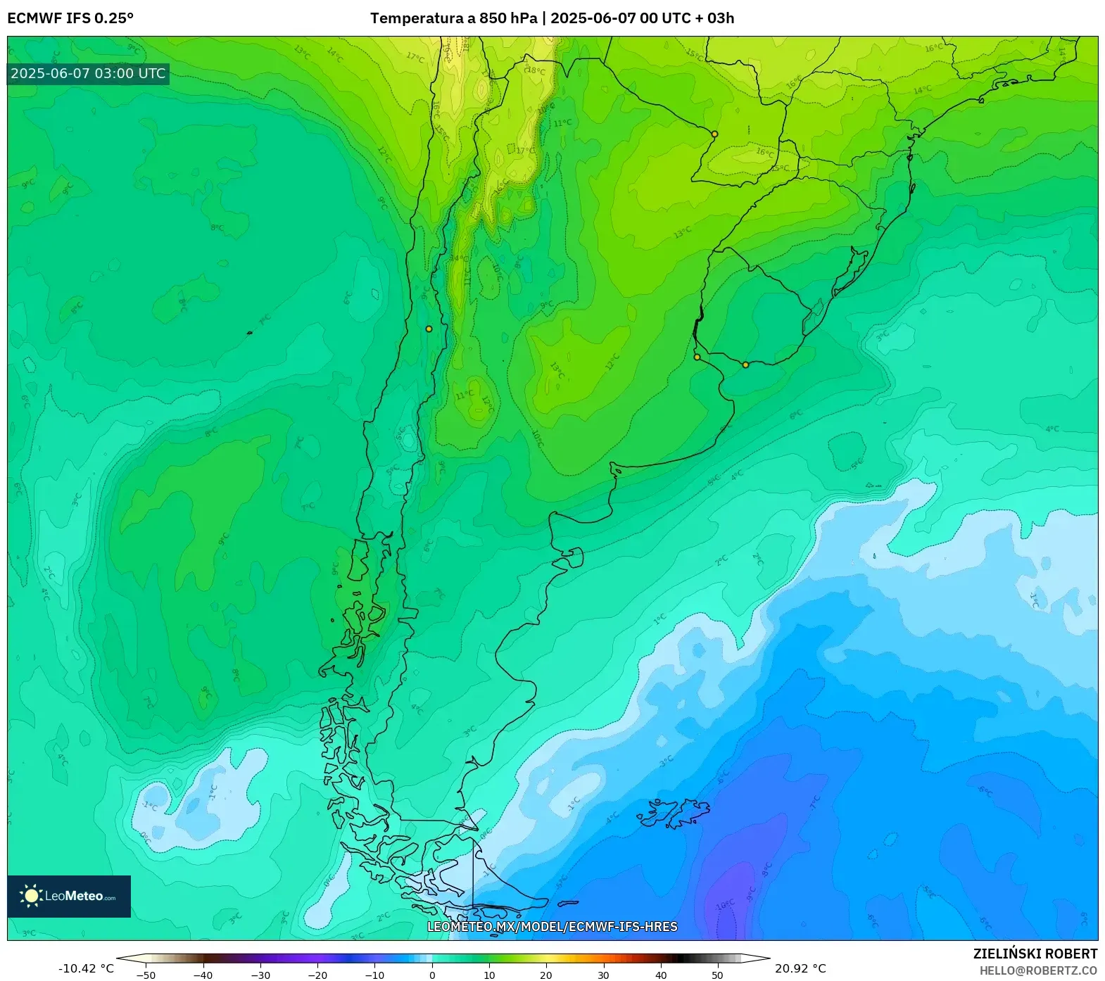 ECMWF IFS 0.25° model - Argentina, Temperatura a 850 hPa