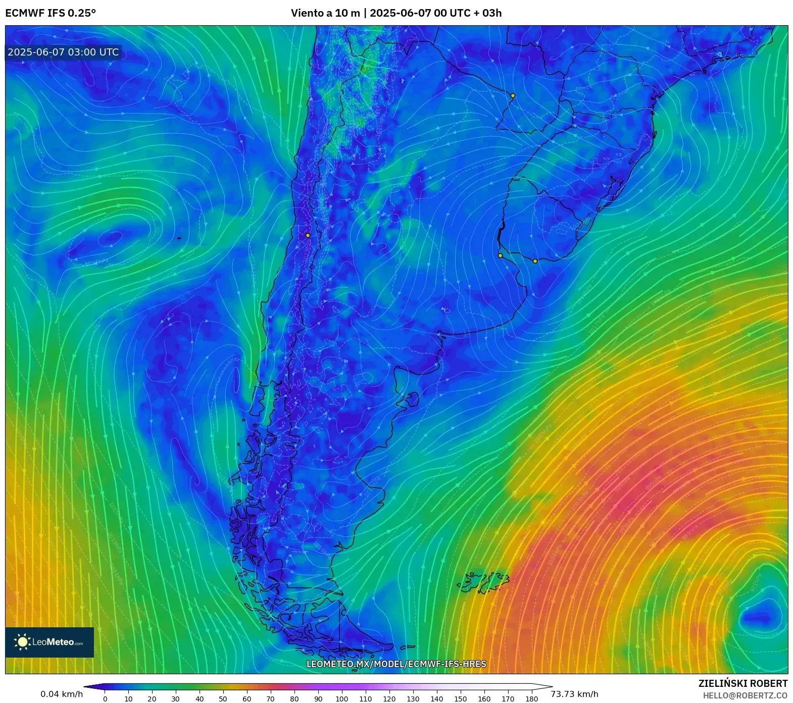 ECMWF IFS 0.25° model - Argentina, Viento a 10 m