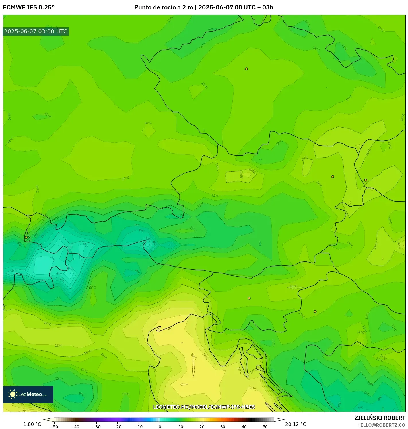 ECMWF IFS 0.25° model - Austria, Punto de rocío a 2 m