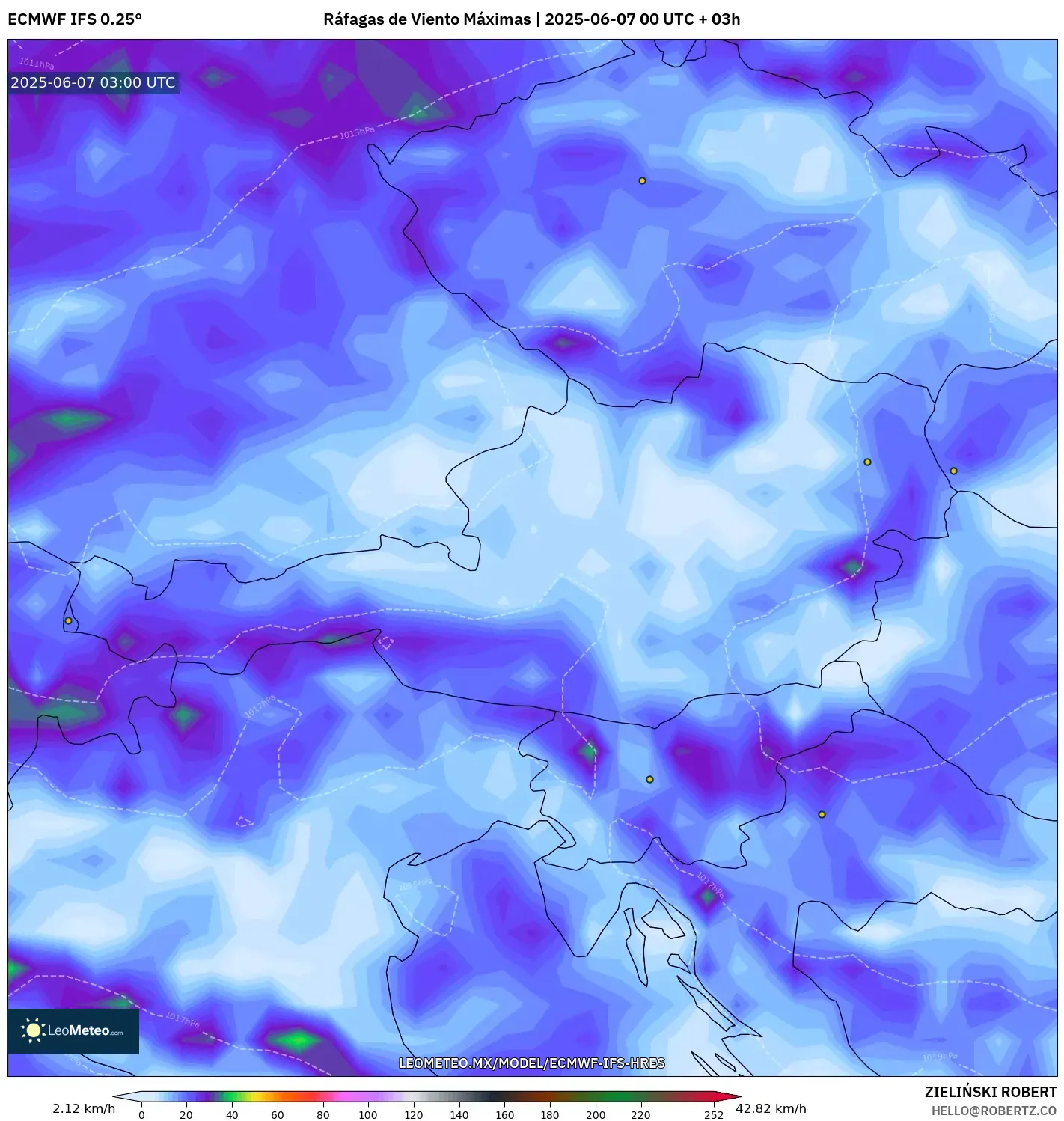 ECMWF IFS 0.25° model - Austria, Ráfagas de Viento Máximas ECMWF IFS 0.25° model - Austria, Ráfagas de Viento Máximas