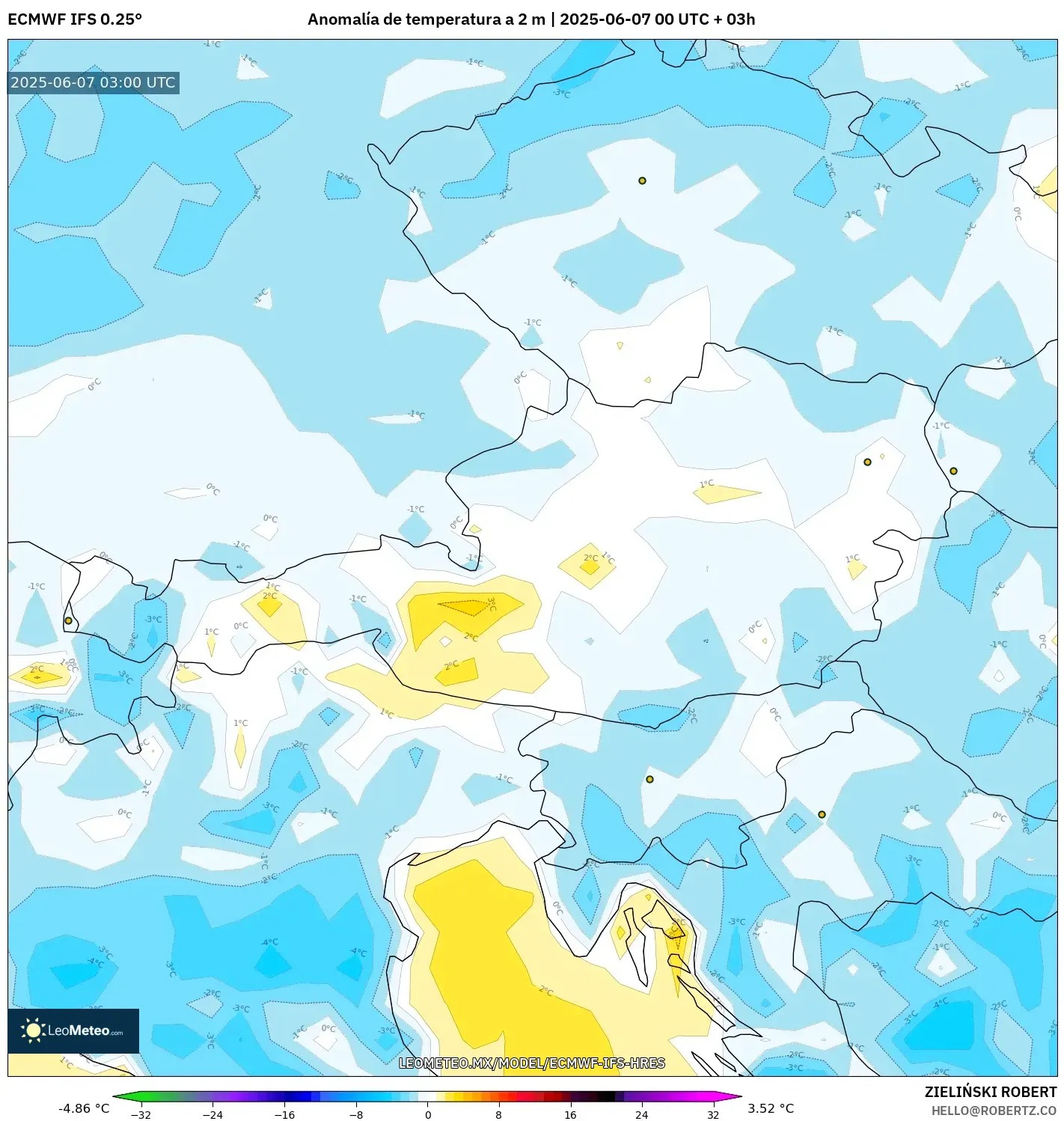ECMWF IFS 0.25° model - Austria, Anomalía de temperatura a 2 m ECMWF IFS 0.25° model - Austria, Anomalía de temperatura a 2 m