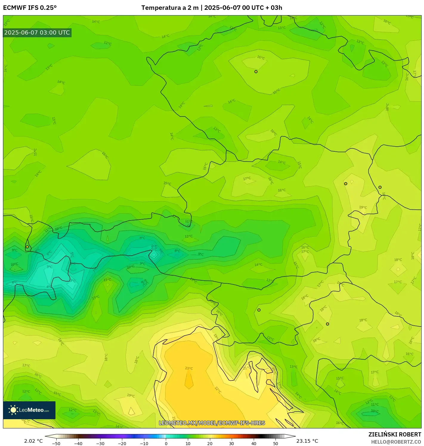 ECMWF IFS 0.25° model - Austria, Temperatura a 2 m ECMWF IFS 0.25° model - Austria, Temperatura a 2 m