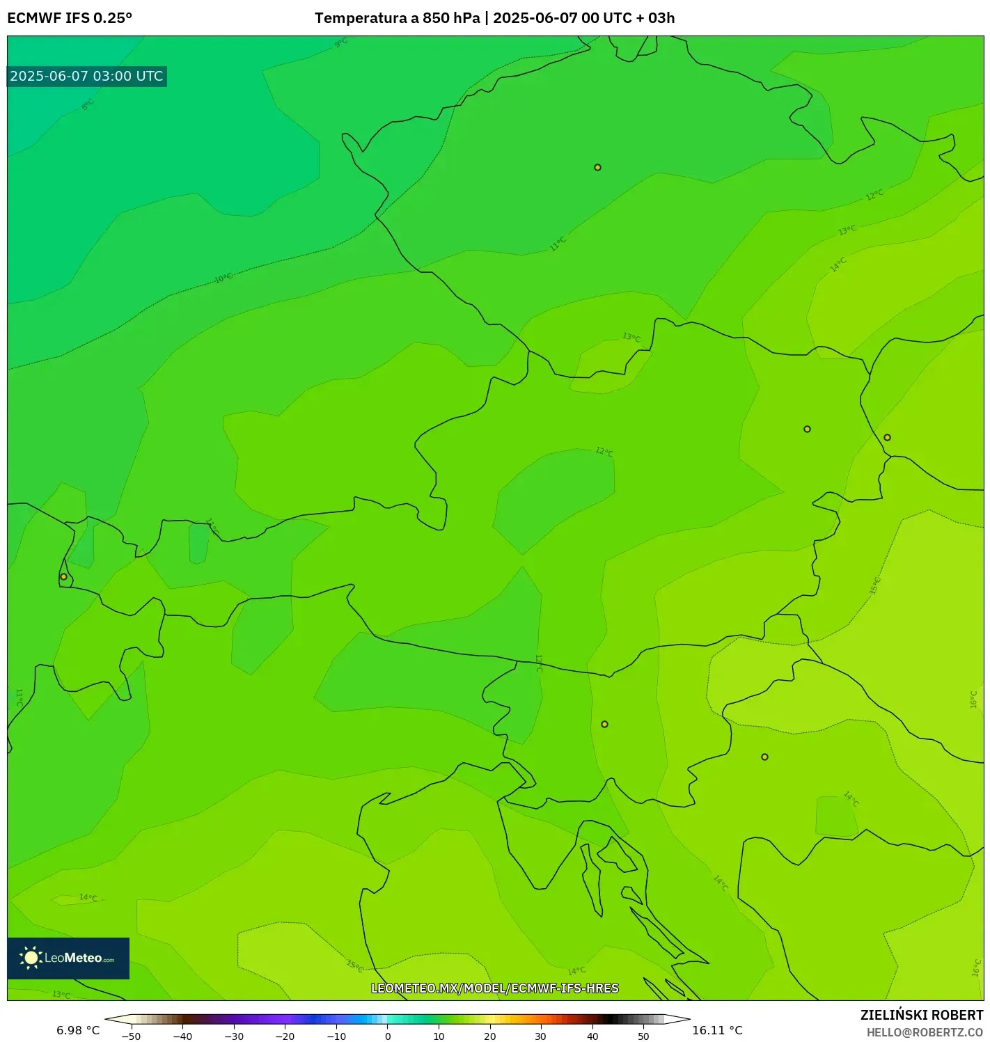 ECMWF IFS 0.25° model - Austria, Temperatura a 850 hPa ECMWF IFS 0.25° model - Austria, Temperatura a 850 hPa