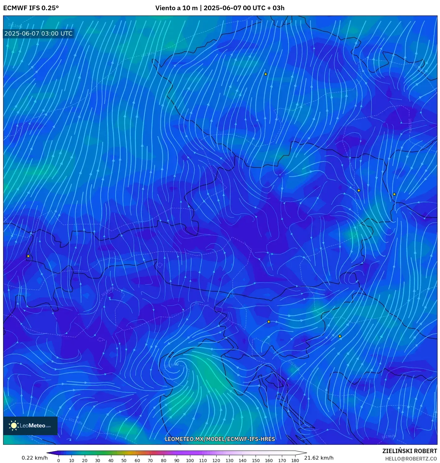 ECMWF IFS 0.25° model - Austria, Viento a 10 m ECMWF IFS 0.25° model - Austria, Viento a 10 m