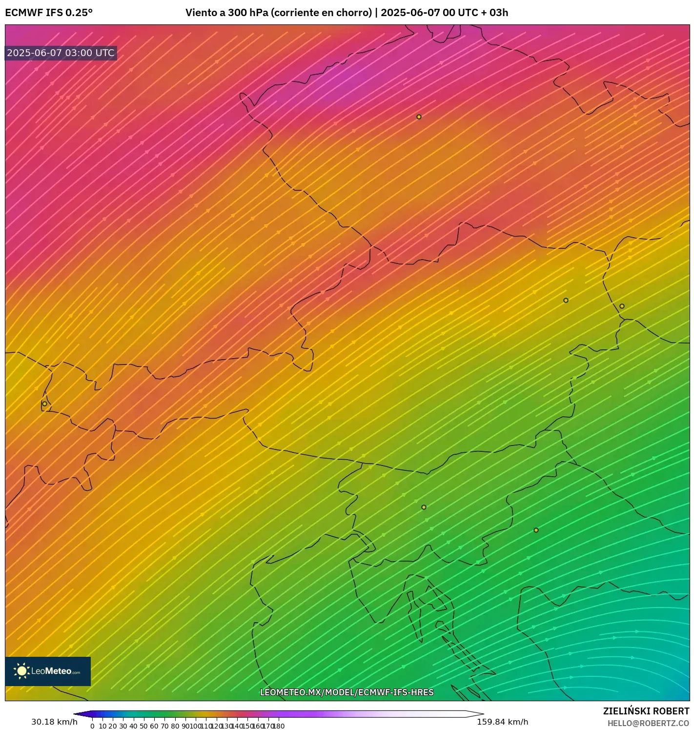 ECMWF IFS 0.25° model - Austria, Viento a 300 hPa (corriente en chorro) ECMWF IFS 0.25° model - Austria, Viento a 300 hPa (corriente en chorro)