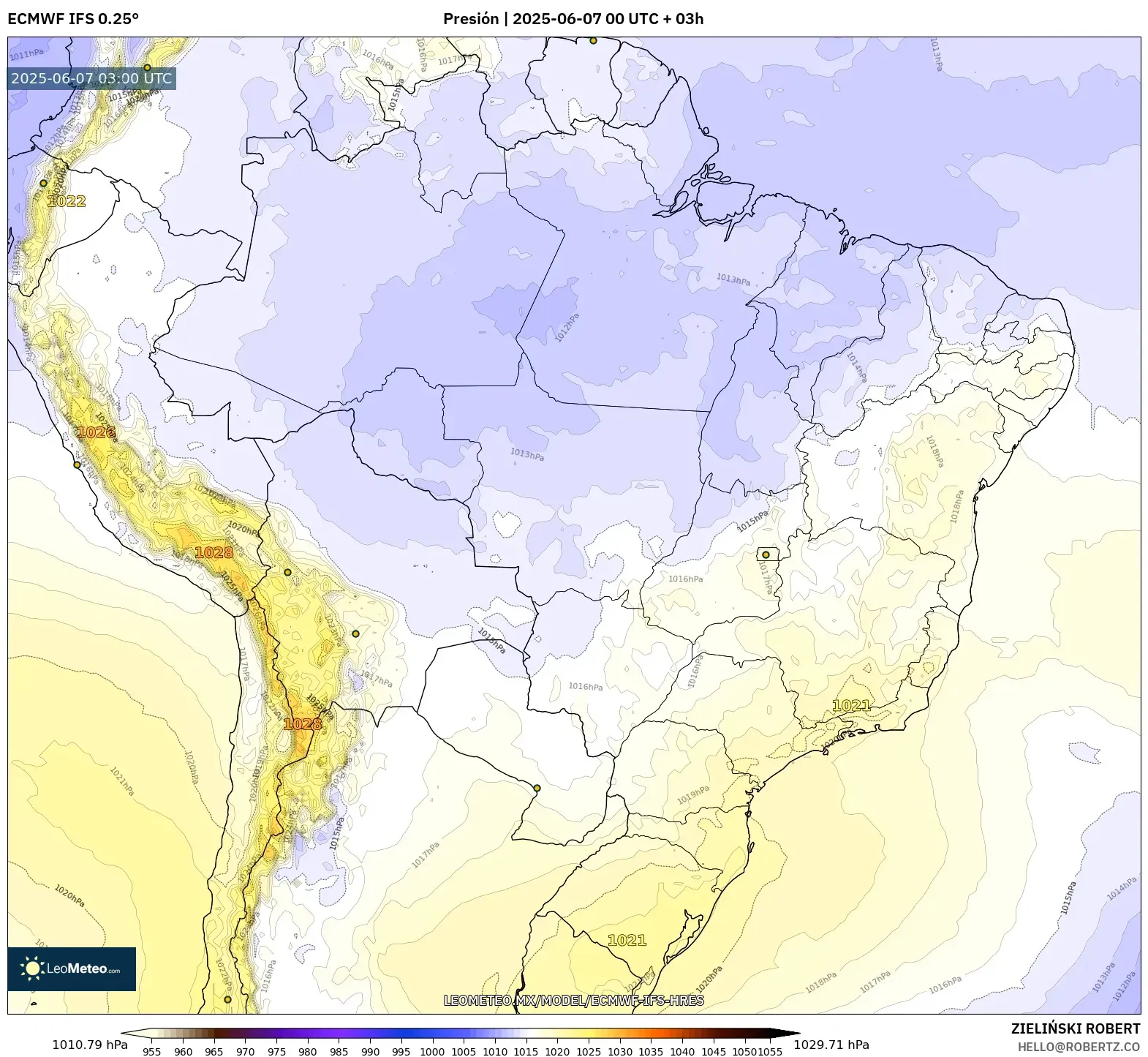 ECMWF IFS 0.25° model - Brasil, Presión ECMWF IFS 0.25° model - Brasil, Presión