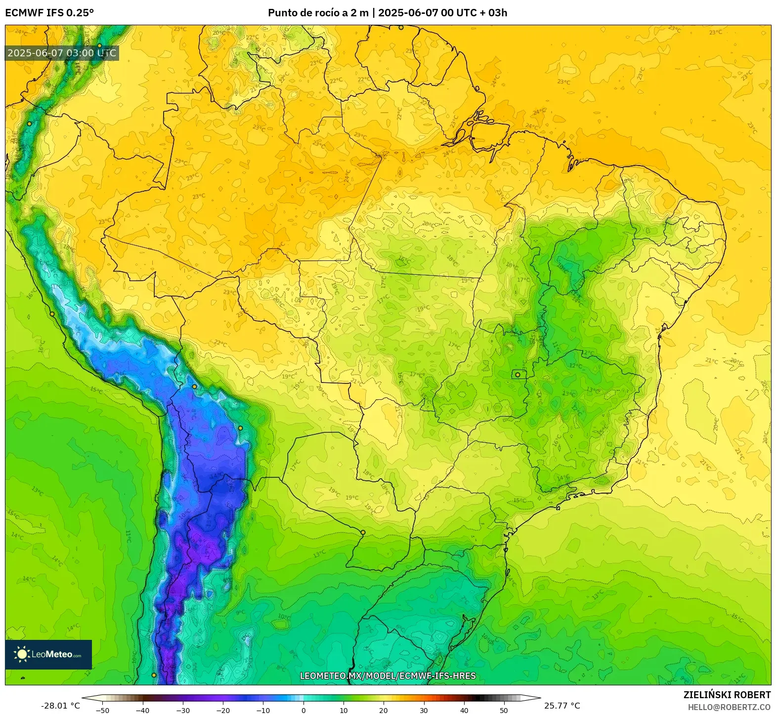 ECMWF IFS 0.25° model - Brasil, Punto de rocío a 2 m ECMWF IFS 0.25° model - Brasil, Punto de rocío a 2 m