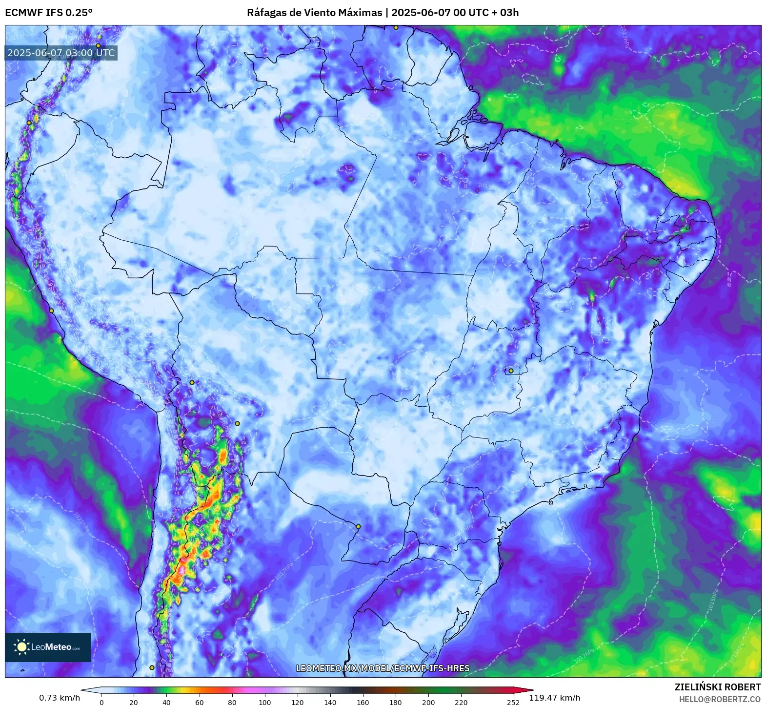 ECMWF IFS 0.25° model - Brasil, Ráfagas de Viento Máximas