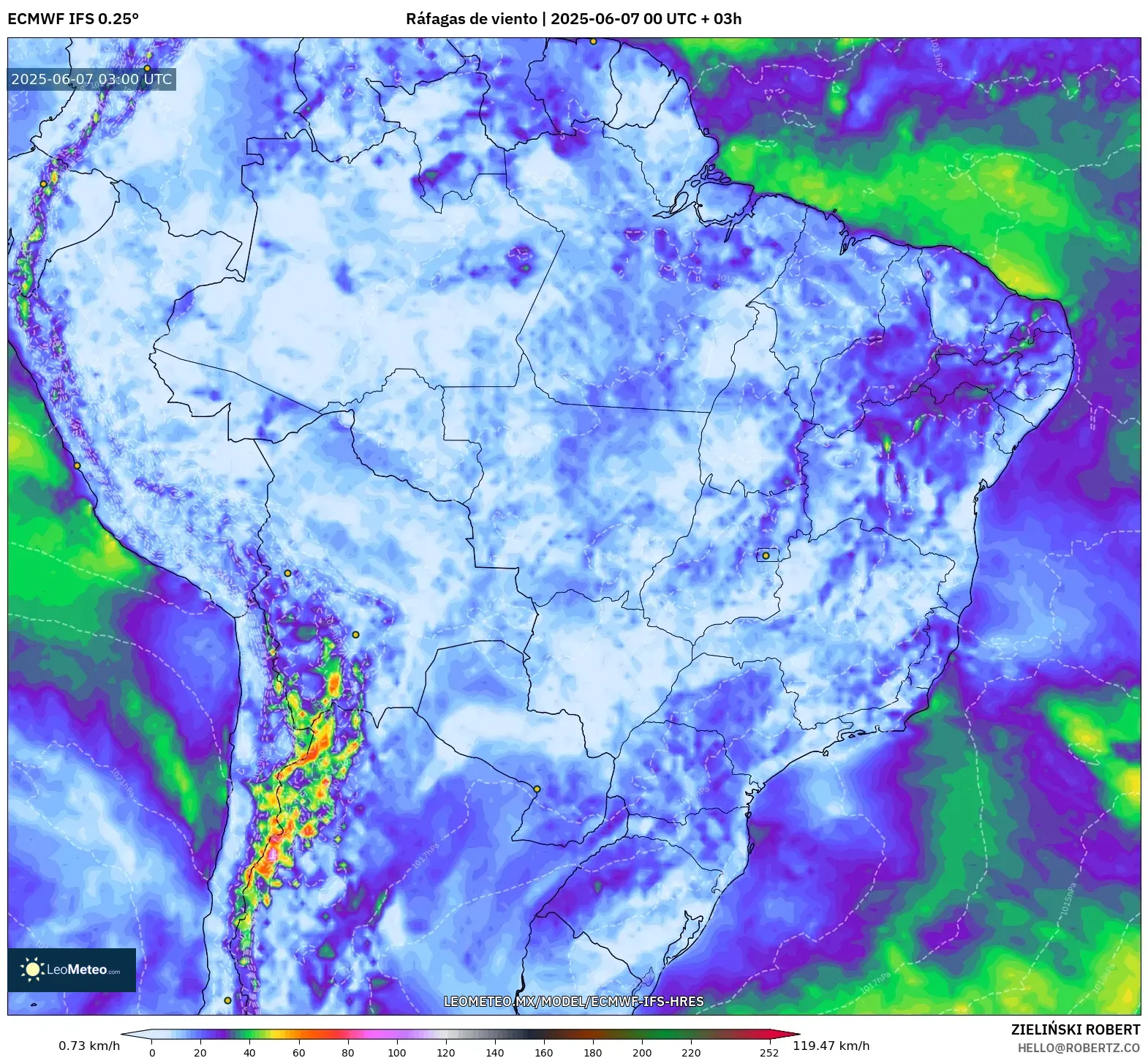 ECMWF IFS 0.25° model - Brasil, Ráfagas de viento ECMWF IFS 0.25° model - Brasil, Ráfagas de viento