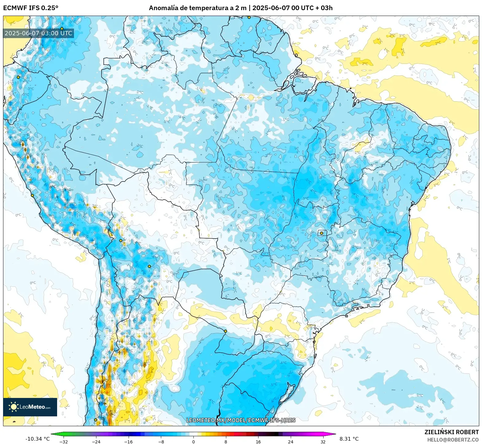 ECMWF IFS 0.25° model - Brasil, Anomalía de temperatura a 2 m ECMWF IFS 0.25° model - Brasil, Anomalía de temperatura a 2 m
