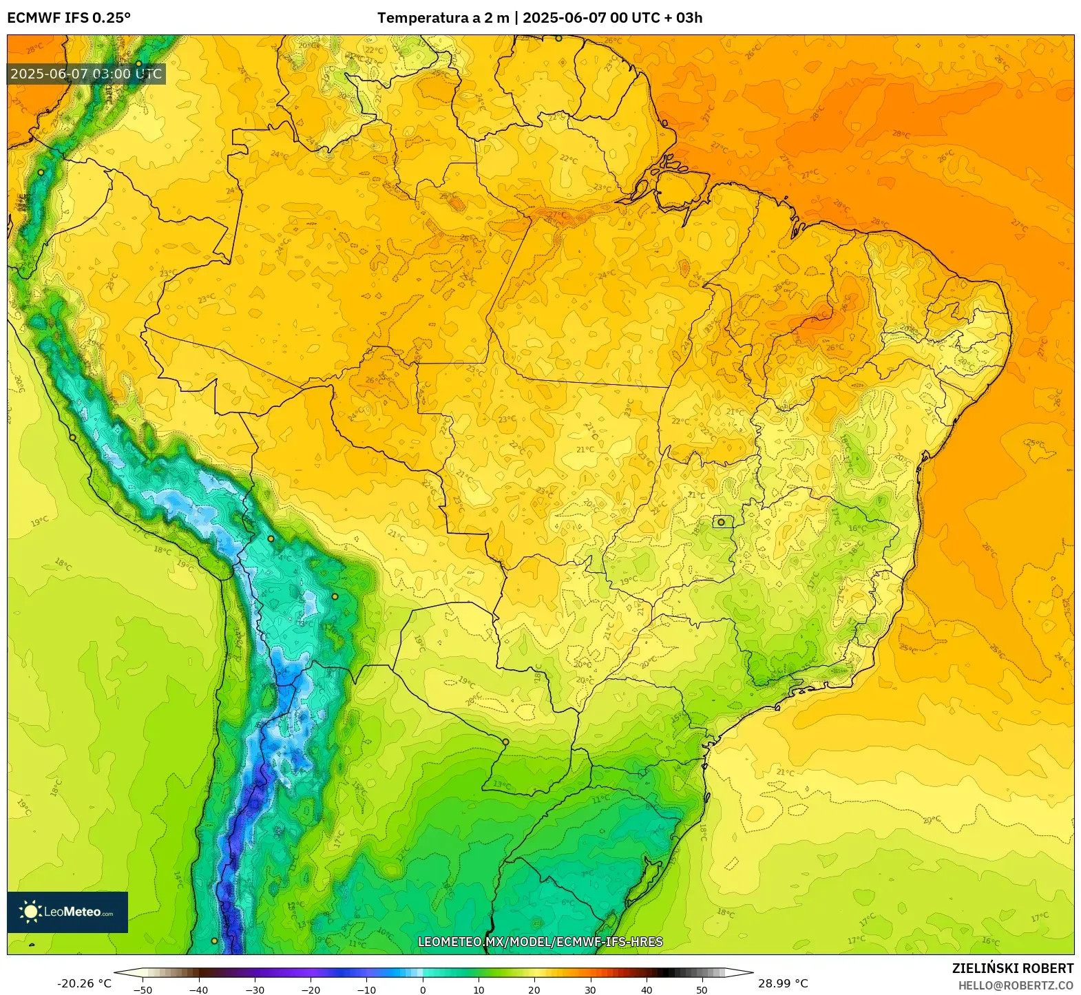 ECMWF IFS 0.25° model - Brasil, Temperatura a 2 m ECMWF IFS 0.25° model - Brasil, Temperatura a 2 m