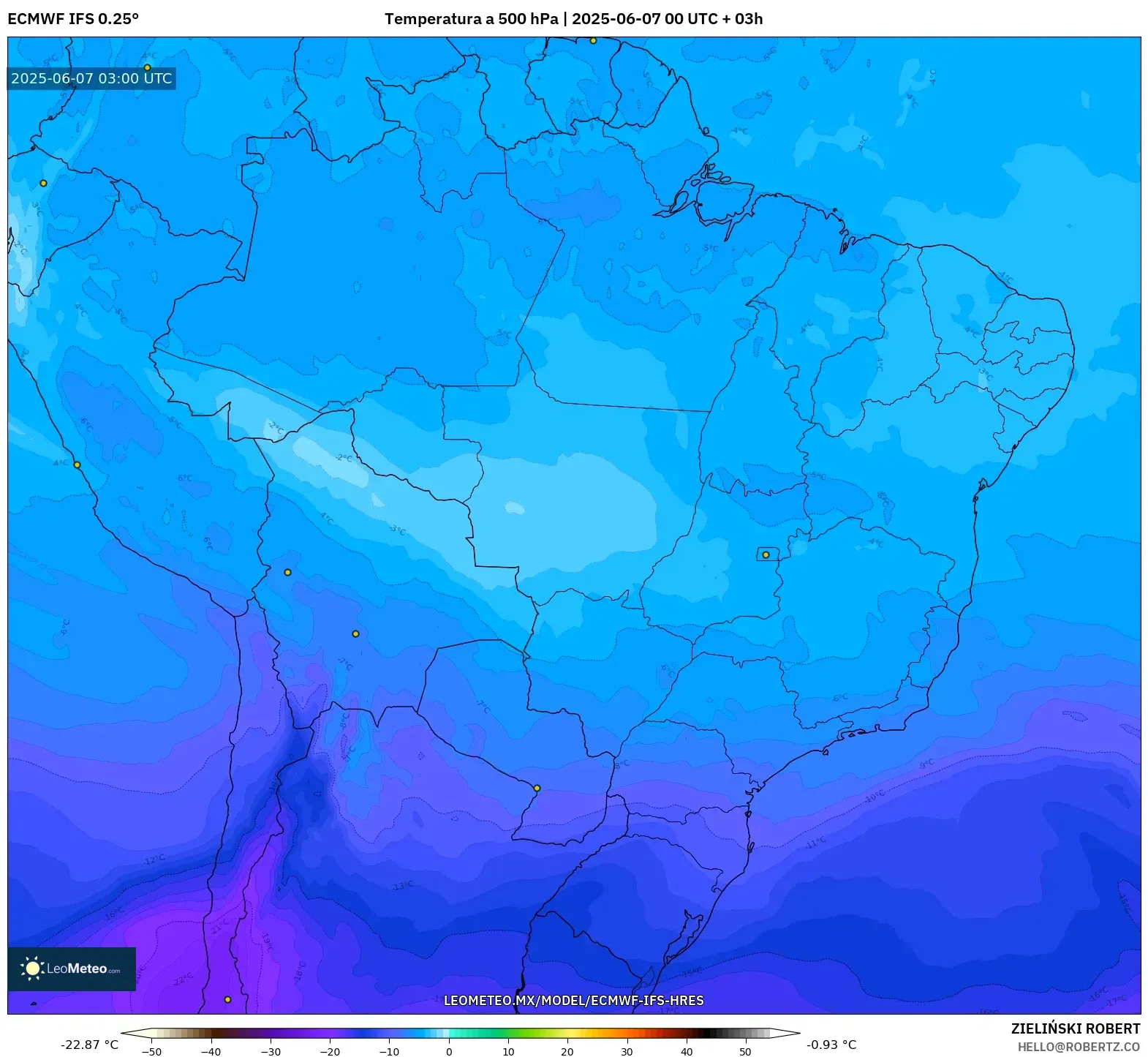 ECMWF IFS 0.25° model - Brasil, Temperatura a 500 hPa ECMWF IFS 0.25° model - Brasil, Temperatura a 500 hPa