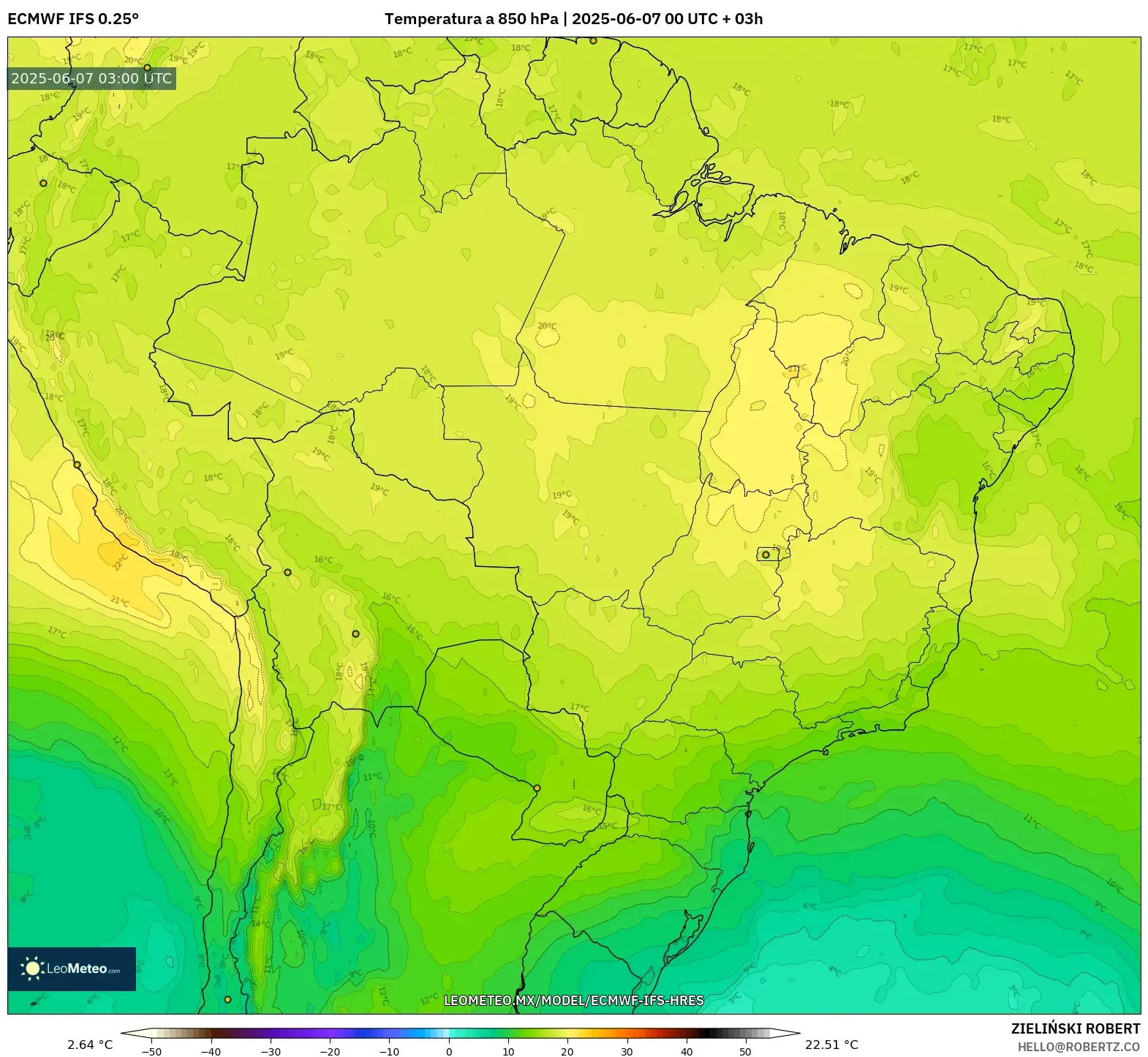 ECMWF IFS 0.25° model - Brasil, Temperatura a 850 hPa