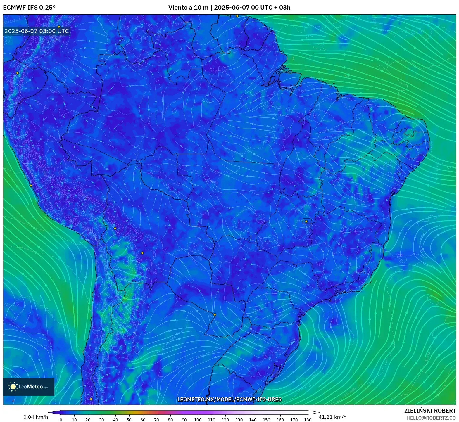 ECMWF IFS 0.25° model - Brasil, Viento a 10 m ECMWF IFS 0.25° model - Brasil, Viento a 10 m