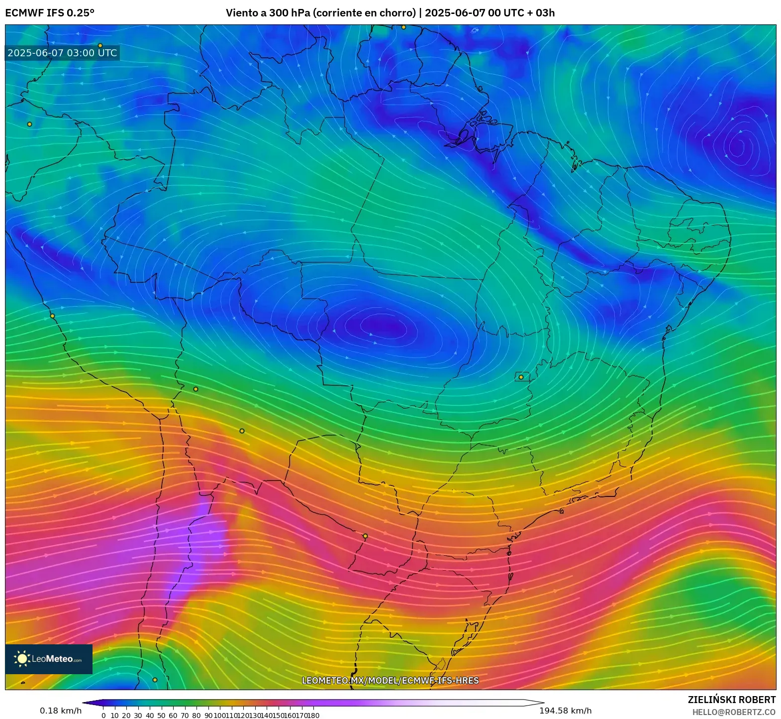 ECMWF IFS 0.25° model - Brasil, Viento a 300 hPa (corriente en chorro) ECMWF IFS 0.25° model - Brasil, Viento a 300 hPa (corriente en chorro)