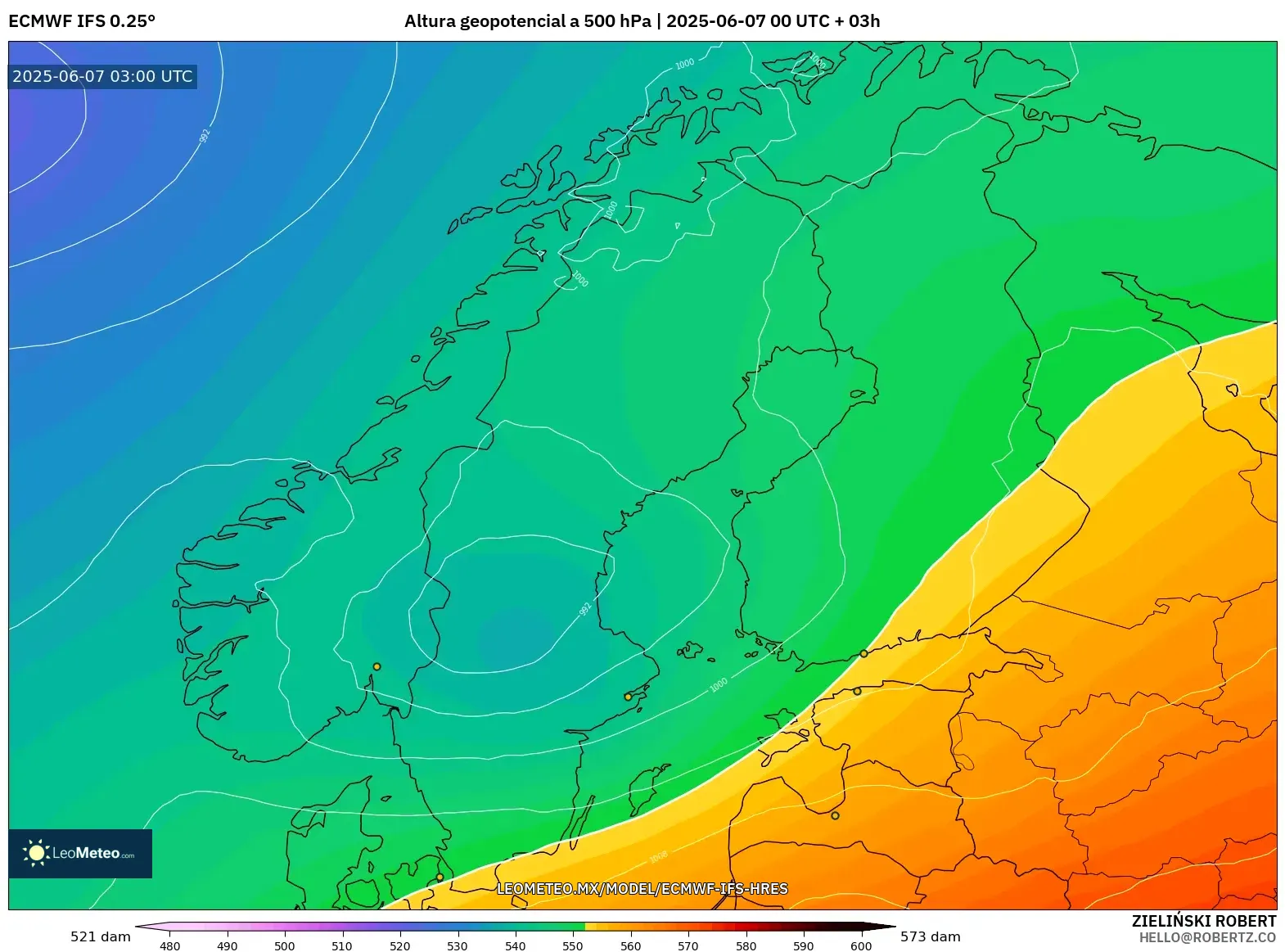 ECMWF IFS 0.25° model - Escandinavia, Altura geopotencial a 500 hPa ECMWF IFS 0.25° model - Escandinavia, Altura geopotencial a 500 hPa