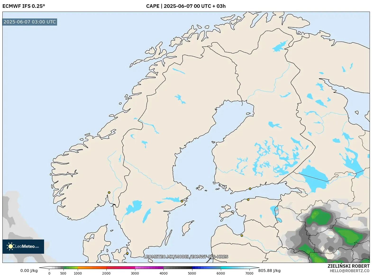 ECMWF IFS 0.25° model - Escandinavia, CAPE ECMWF IFS 0.25° model - Escandinavia, CAPE