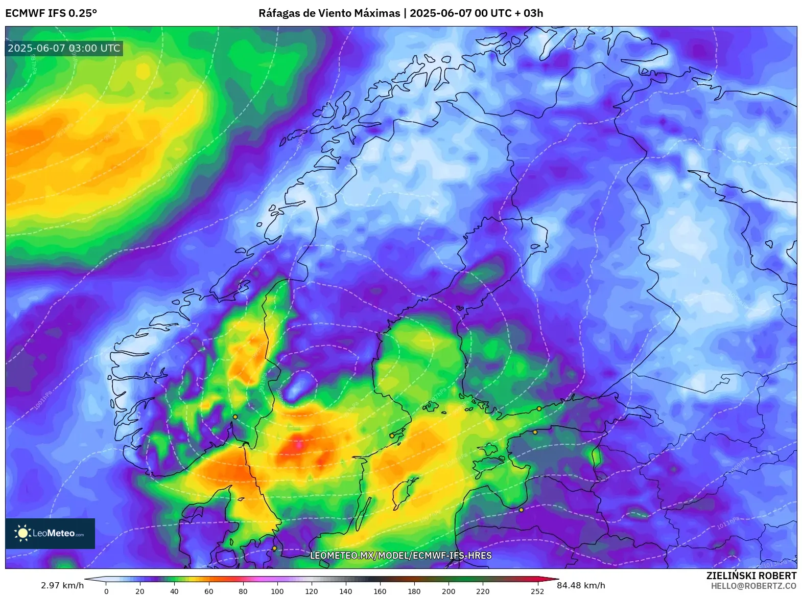 ECMWF IFS 0.25° model - Escandinavia, Ráfagas de Viento Máximas ECMWF IFS 0.25° model - Escandinavia, Ráfagas de Viento Máximas