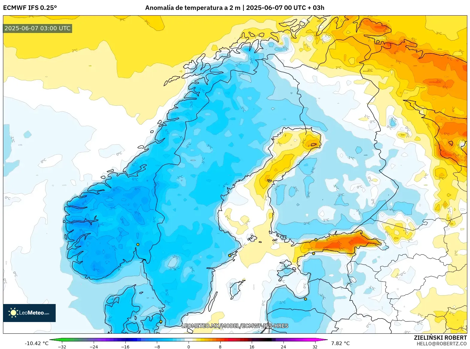 ECMWF IFS 0.25° model - Escandinavia, Anomalía de temperatura a 2 m ECMWF IFS 0.25° model - Escandinavia, Anomalía de temperatura a 2 m