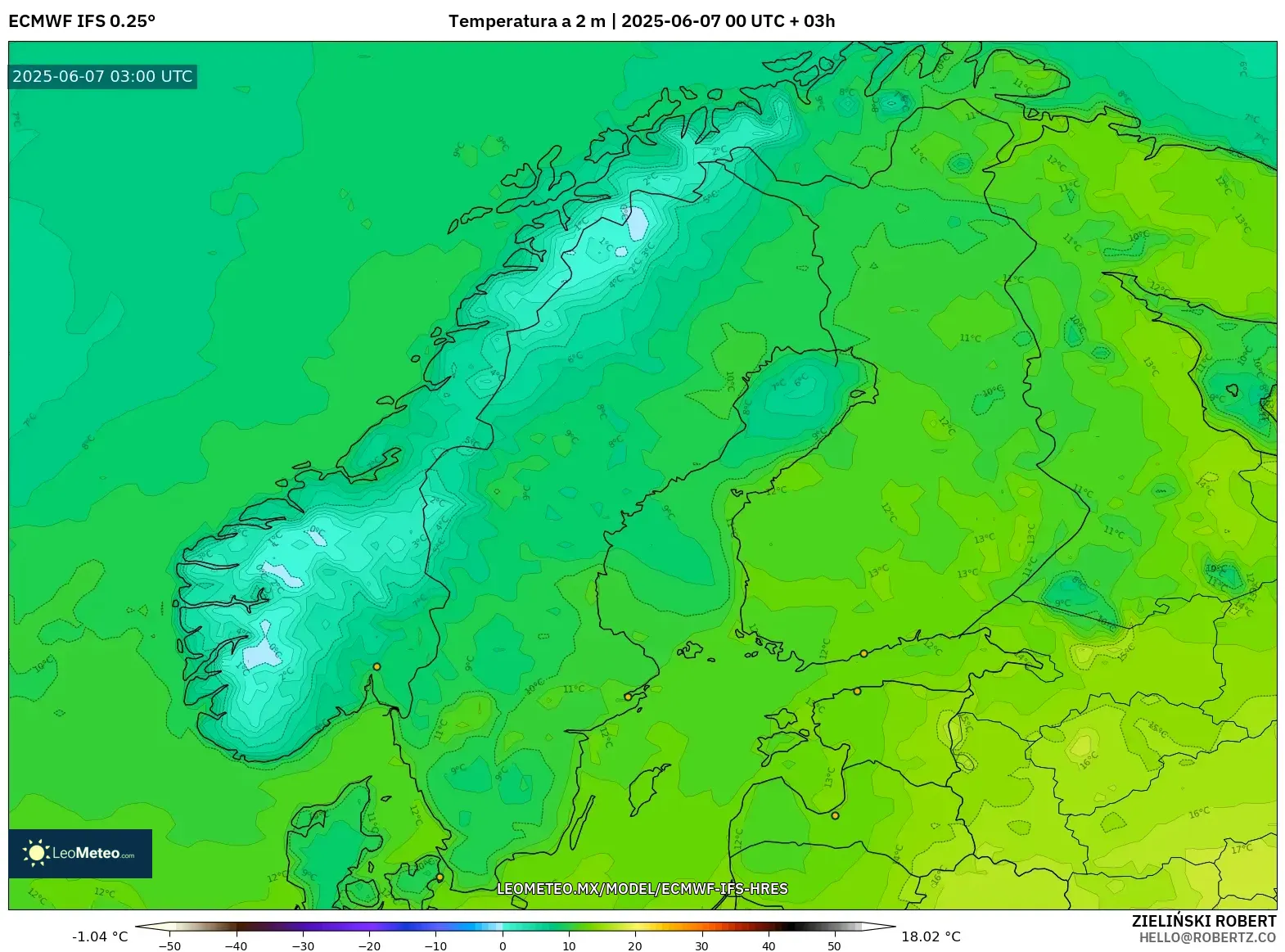ECMWF IFS 0.25° model - Escandinavia, Temperatura a 2 m ECMWF IFS 0.25° model - Escandinavia, Temperatura a 2 m