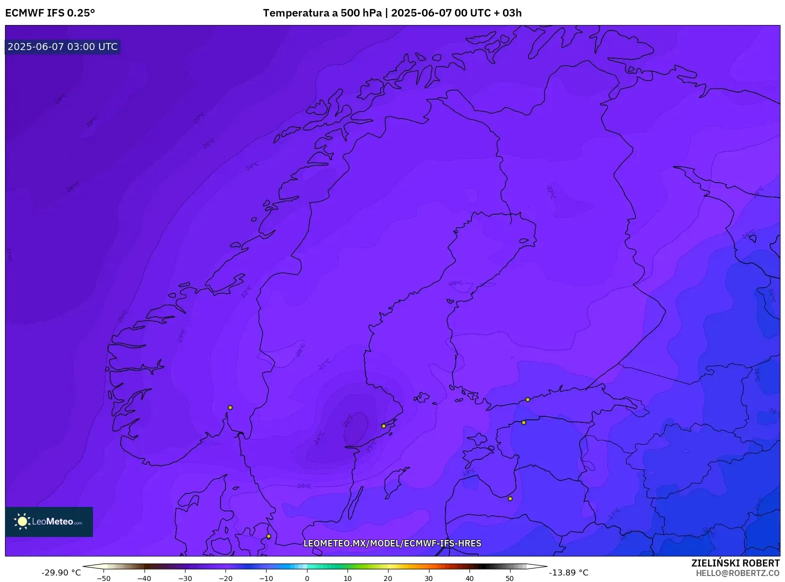 ECMWF IFS 0.25° model - Escandinavia, Temperatura a 500 hPa ECMWF IFS 0.25° model - Escandinavia, Temperatura a 500 hPa