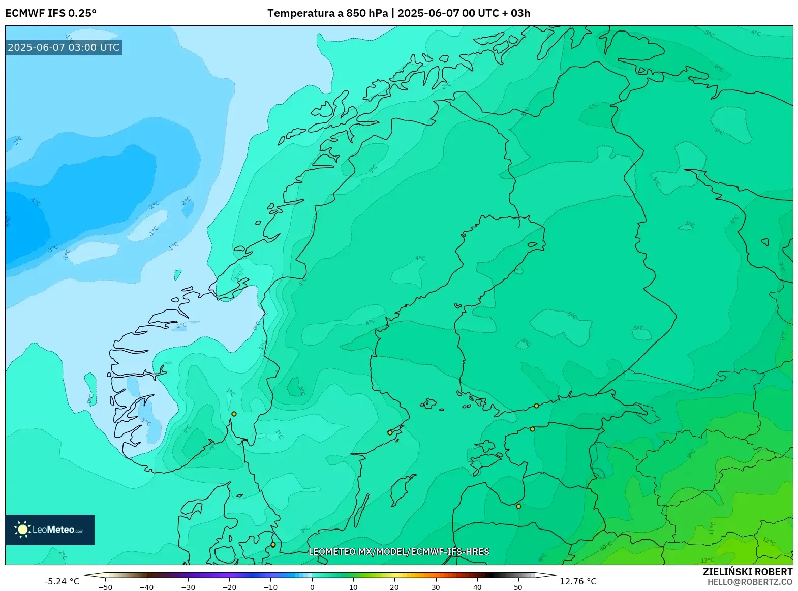 ECMWF IFS 0.25° model - Escandinavia, Temperatura a 850 hPa ECMWF IFS 0.25° model - Escandinavia, Temperatura a 850 hPa