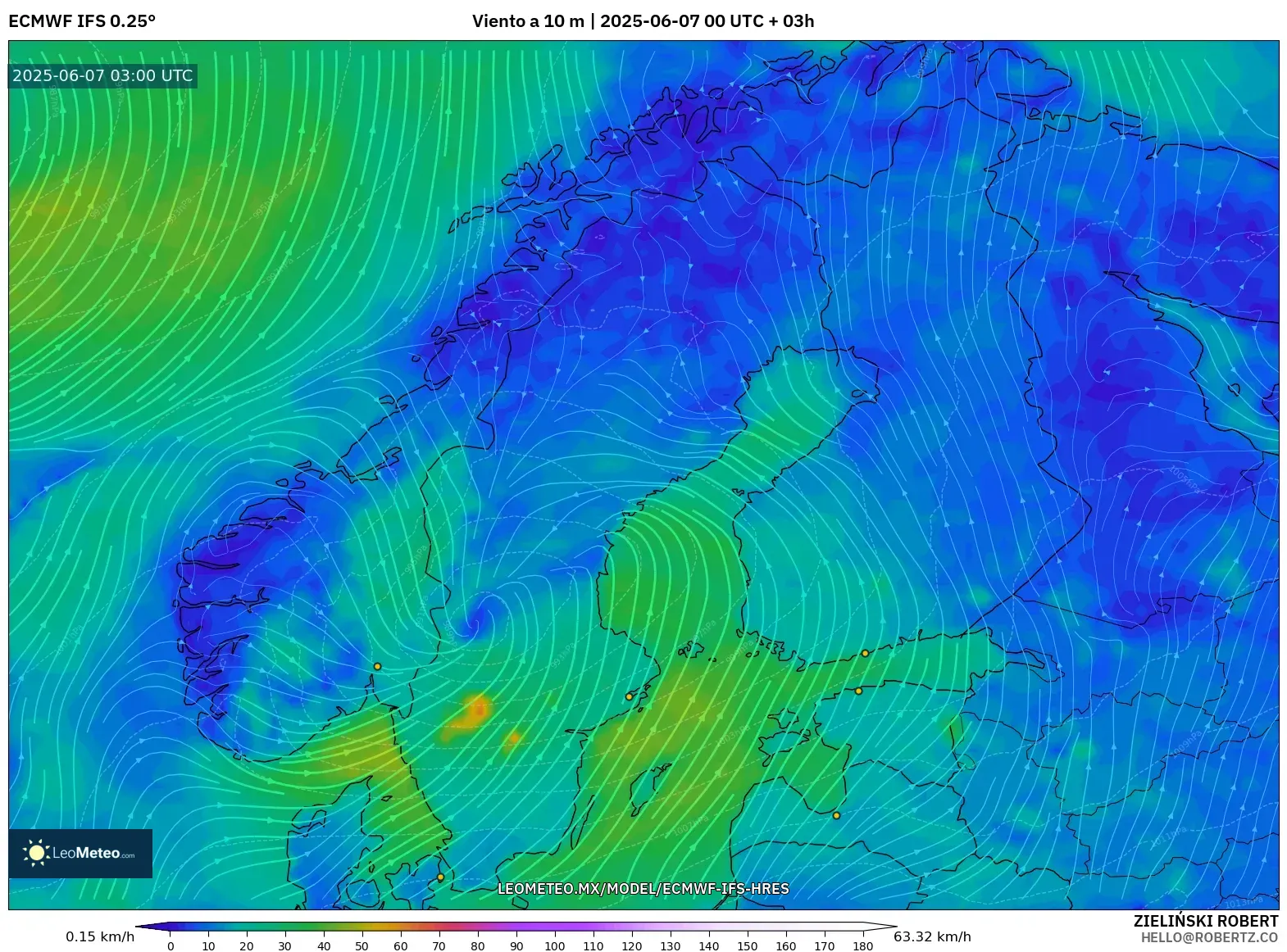 ECMWF IFS 0.25° model - Escandinavia, Viento a 10 m ECMWF IFS 0.25° model - Escandinavia, Viento a 10 m