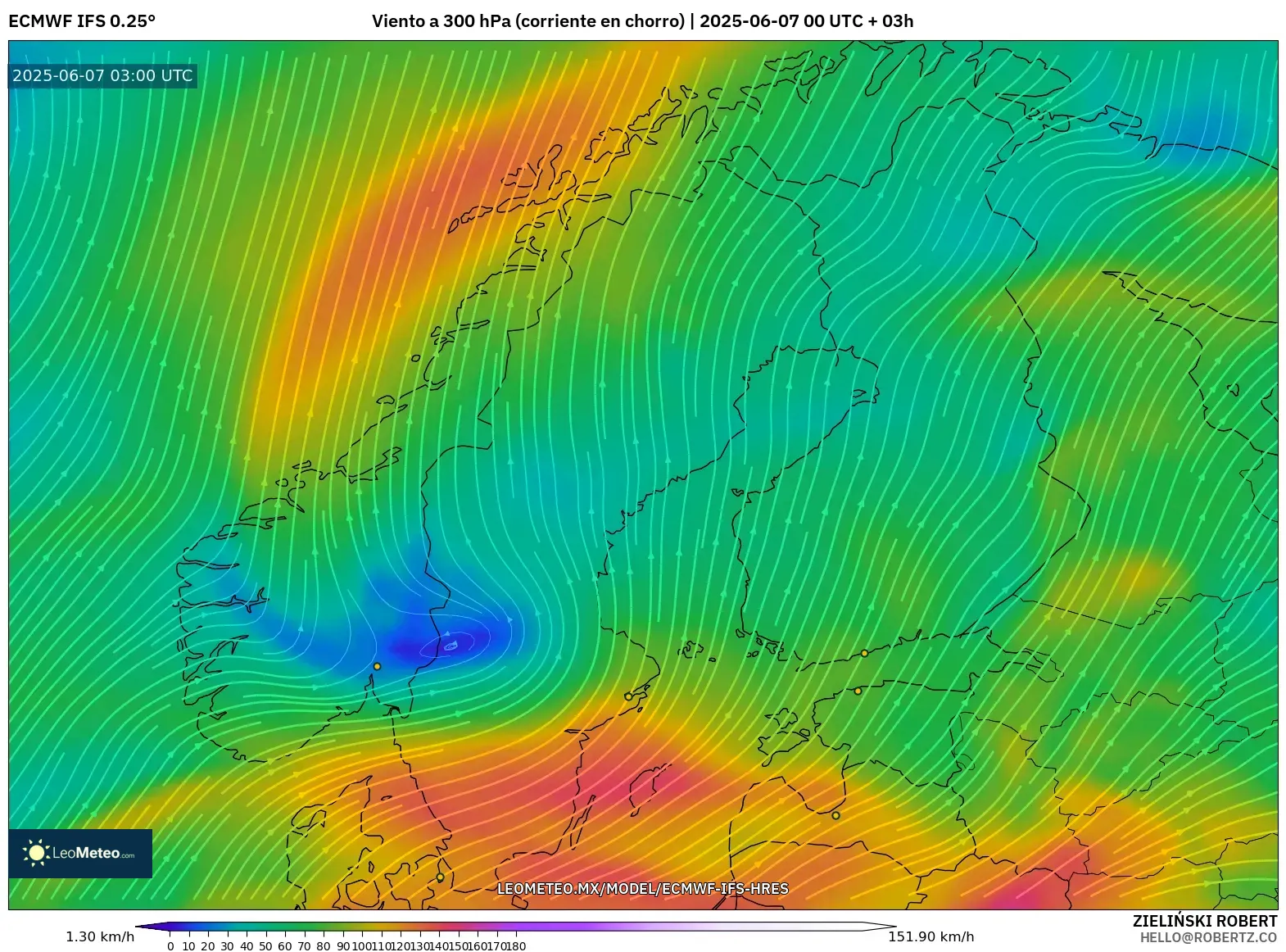 ECMWF IFS 0.25° model - Escandinavia, Viento a 300 hPa (corriente en chorro)