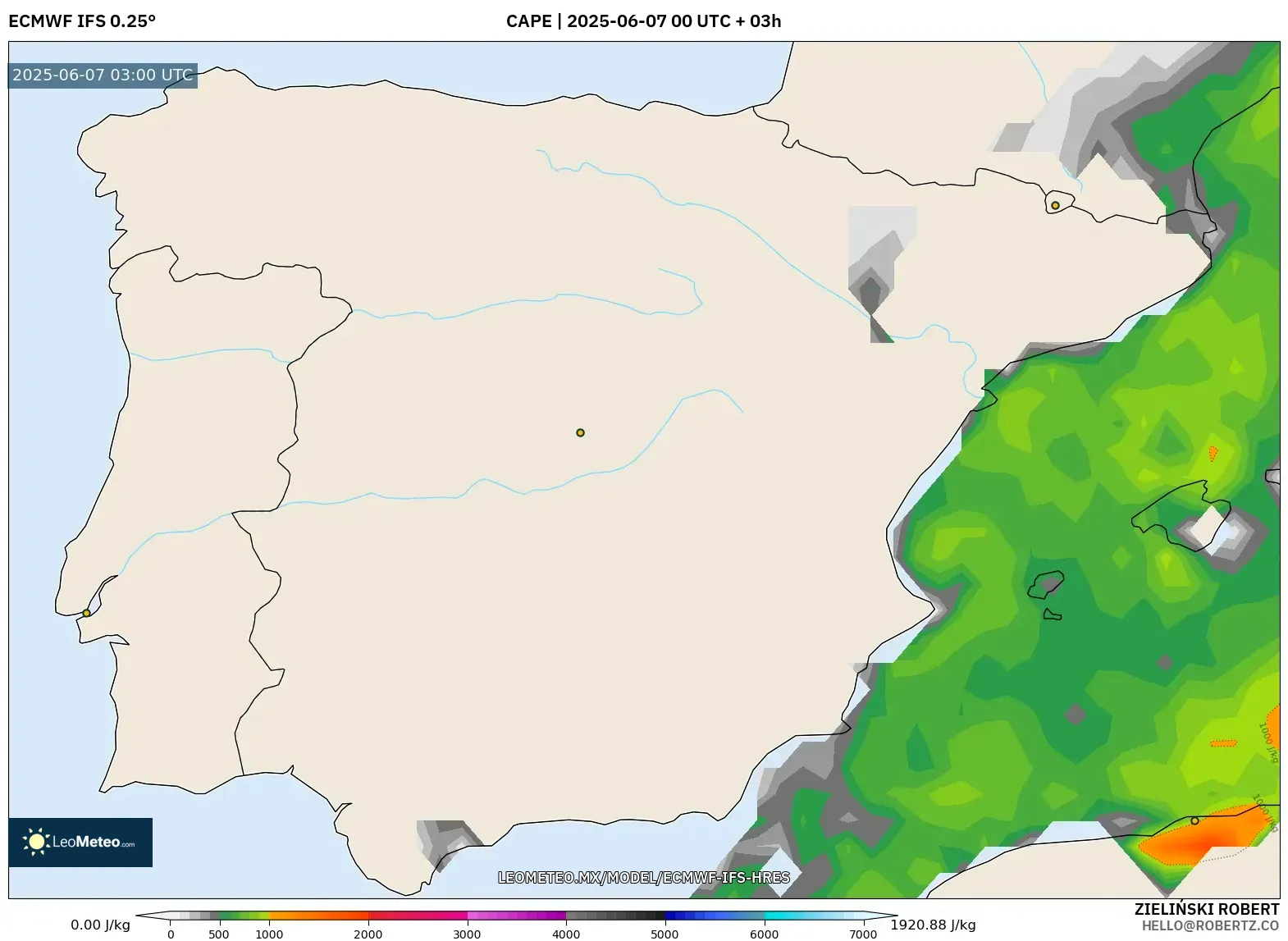 ECMWF IFS 0.25° model - España, CAPE ECMWF IFS 0.25° model - España, CAPE