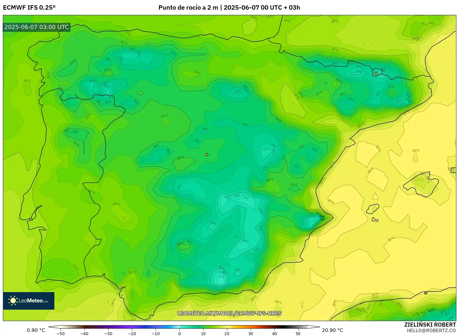 ECMWF IFS 0.25° model - España, Punto de rocío a 2 m