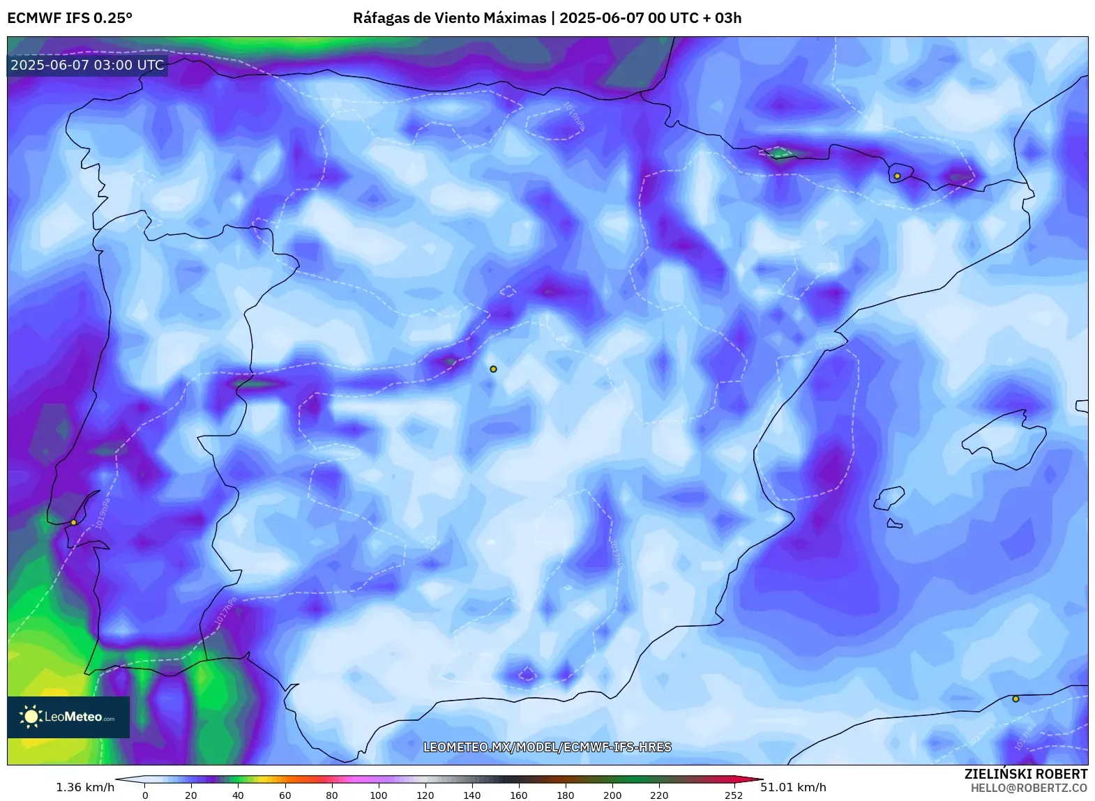 ECMWF IFS 0.25° model - España, Ráfagas de Viento Máximas