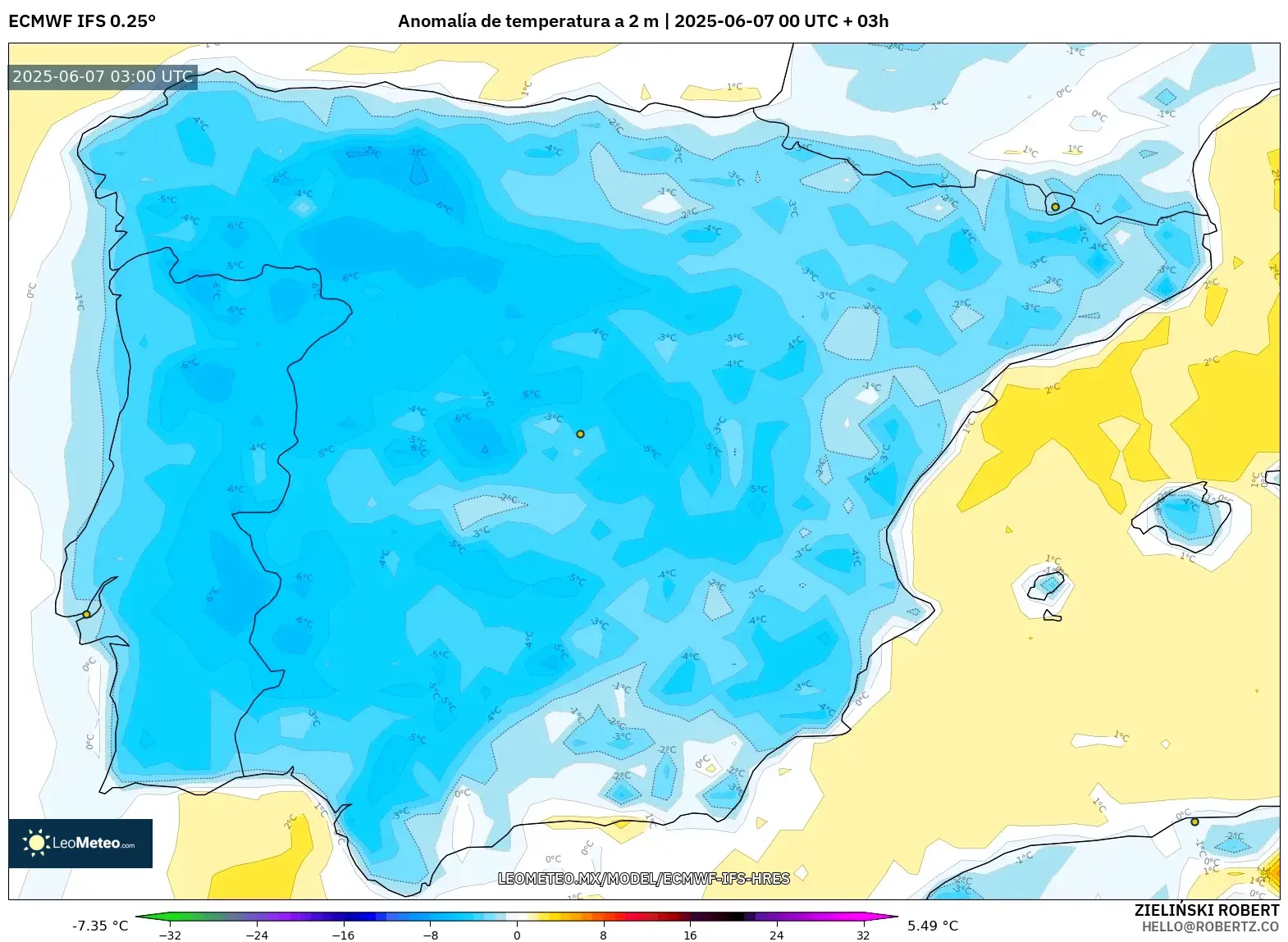 ECMWF IFS 0.25° model - España, Anomalía de temperatura a 2 m ECMWF IFS 0.25° model - España, Anomalía de temperatura a 2 m