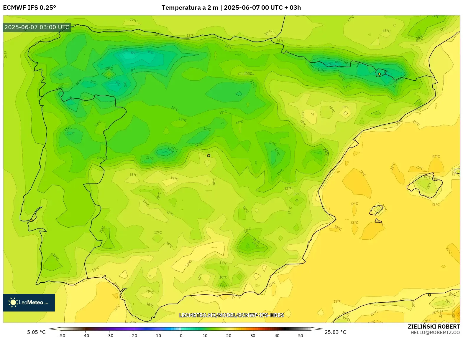 ECMWF IFS 0.25° model - España, Temperatura a 2 m