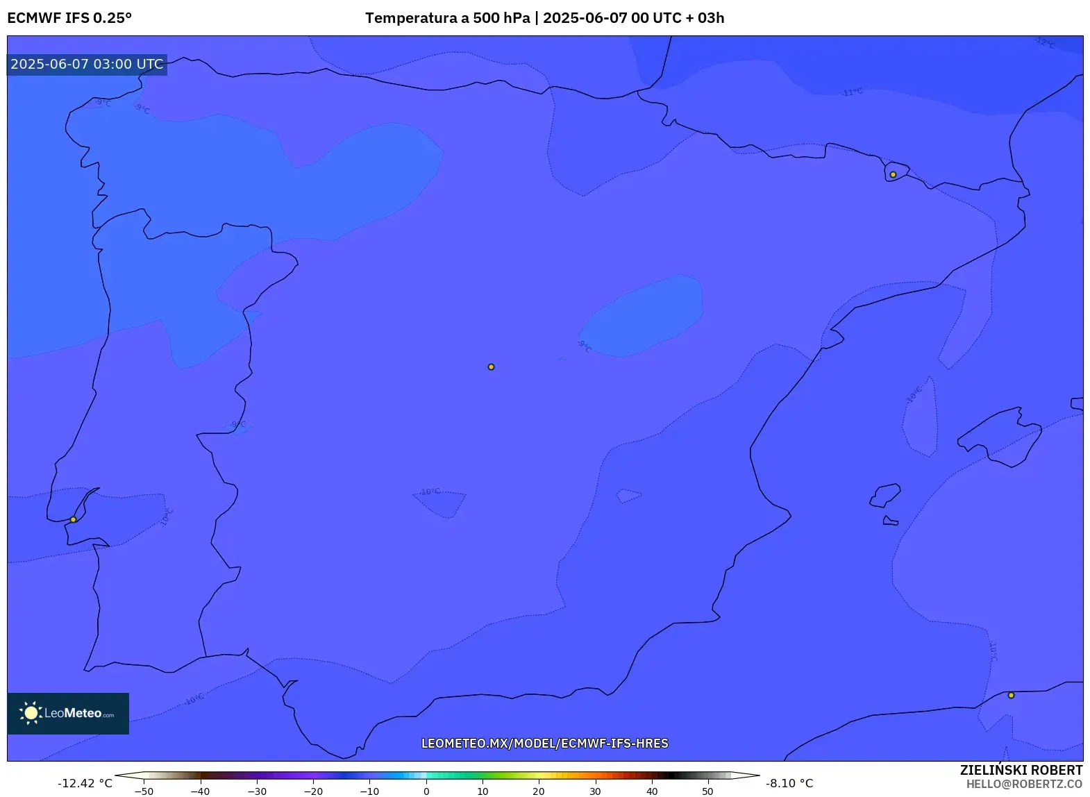 ECMWF IFS 0.25° model - España, Temperatura a 500 hPa ECMWF IFS 0.25° model - España, Temperatura a 500 hPa