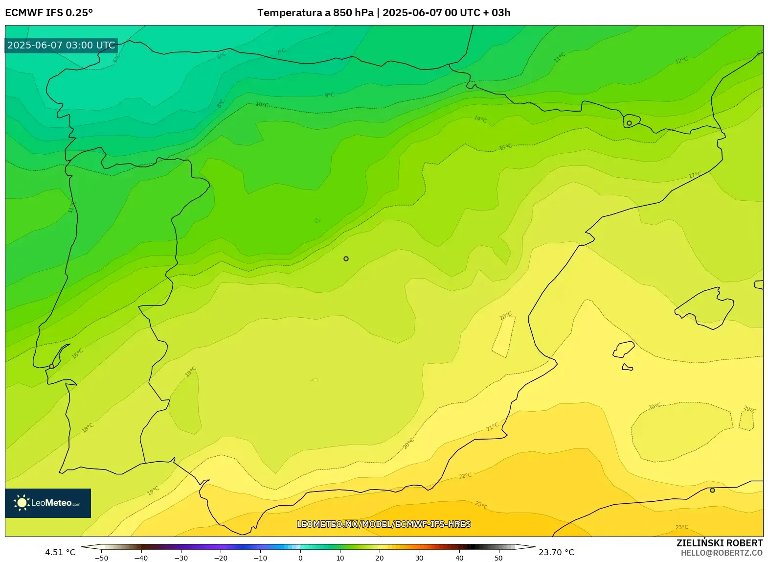 ECMWF IFS 0.25° model - España, Temperatura a 850 hPa ECMWF IFS 0.25° model - España, Temperatura a 850 hPa