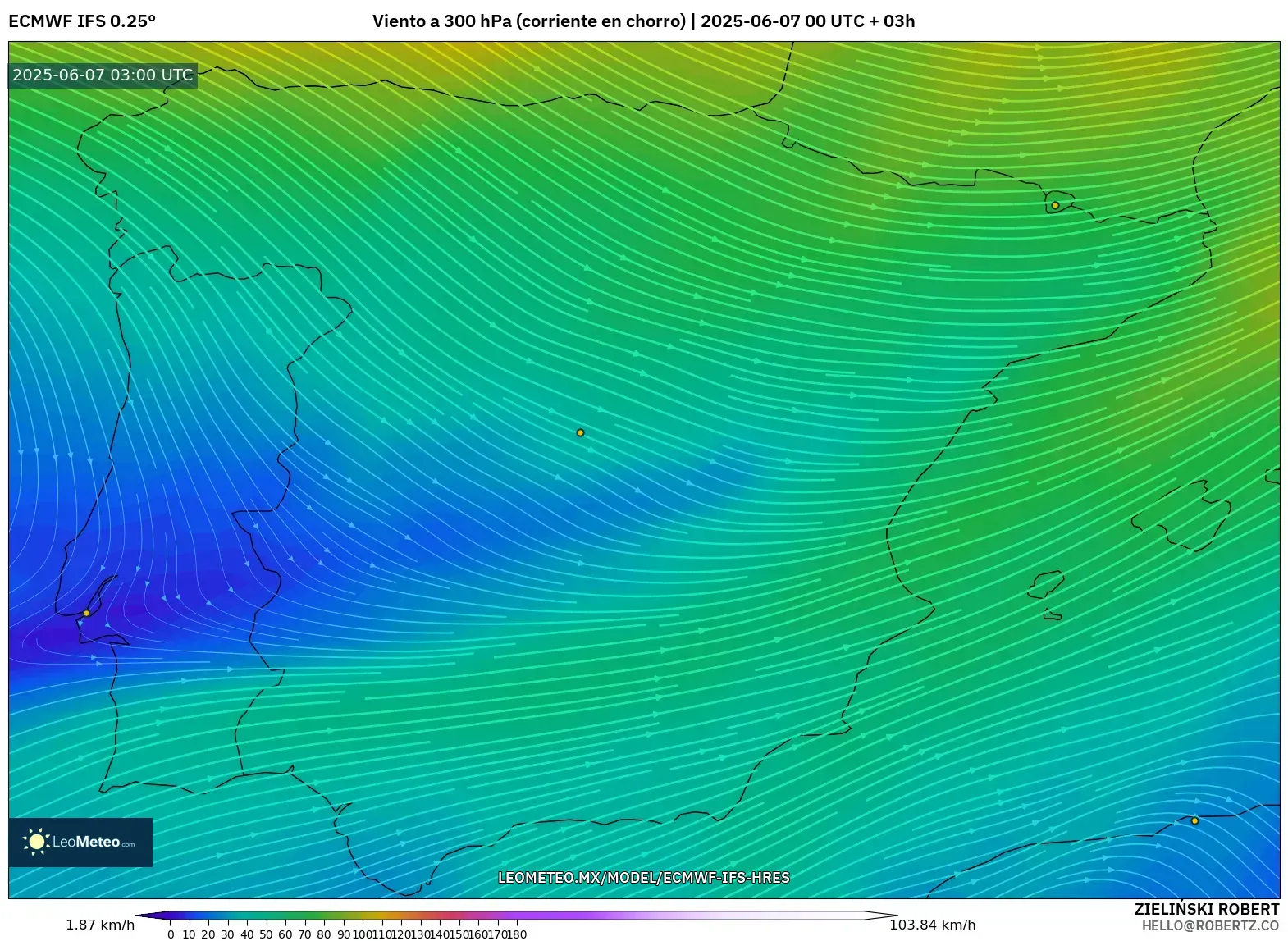 ECMWF IFS 0.25° model - España, Viento a 300 hPa (corriente en chorro) ECMWF IFS 0.25° model - España, Viento a 300 hPa (corriente en chorro)