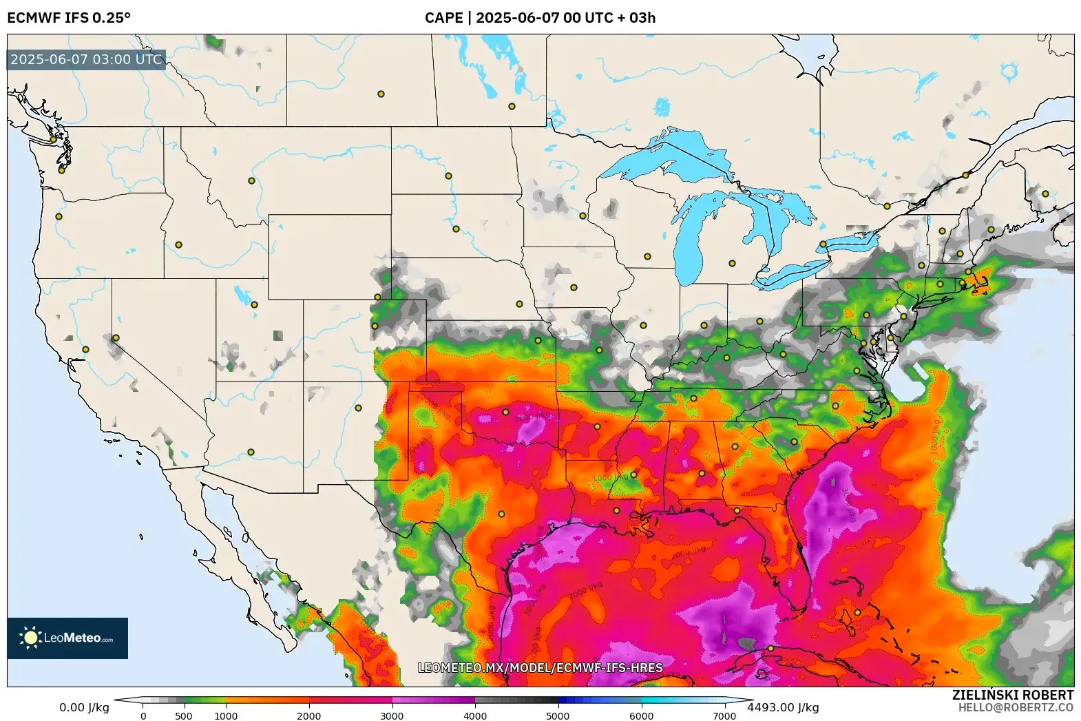 ECMWF IFS 0.25° model - Estados Unidos, CAPE ECMWF IFS 0.25° model - Estados Unidos, CAPE