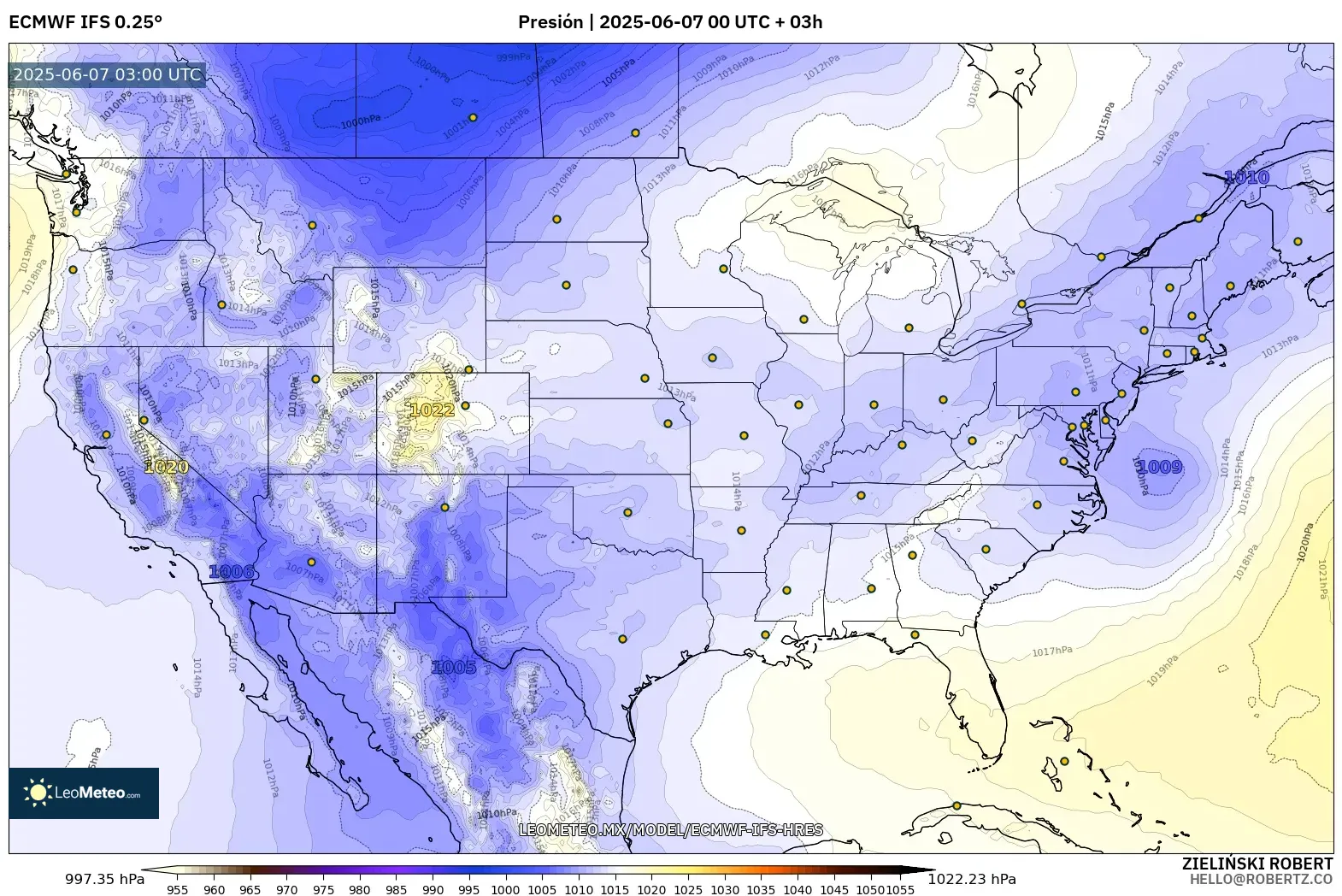 ECMWF IFS 0.25° model - Estados Unidos, Presión ECMWF IFS 0.25° model - Estados Unidos, Presión