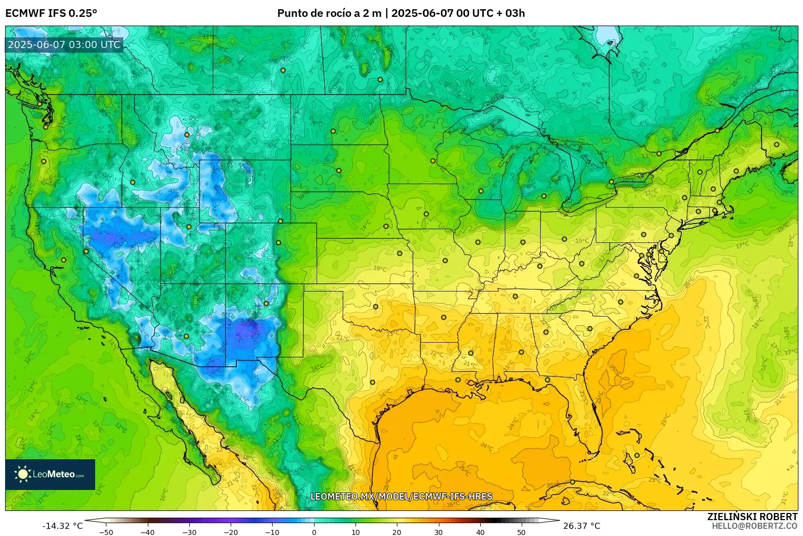 ECMWF IFS 0.25° model - Estados Unidos, Punto de rocío a 2 m ECMWF IFS 0.25° model - Estados Unidos, Punto de rocío a 2 m