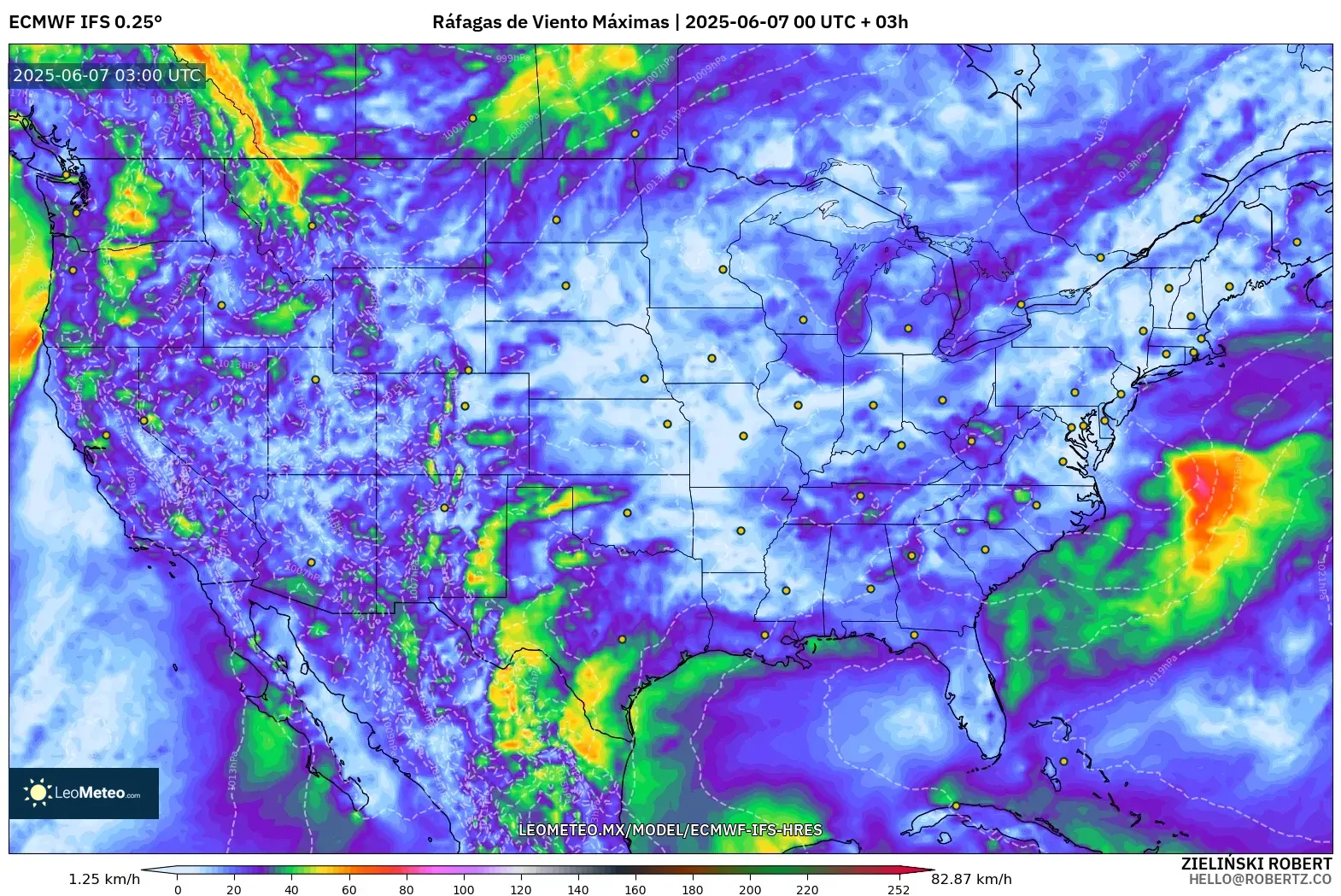 ECMWF IFS 0.25° model - Estados Unidos, Ráfagas de Viento Máximas ECMWF IFS 0.25° model - Estados Unidos, Ráfagas de Viento Máximas