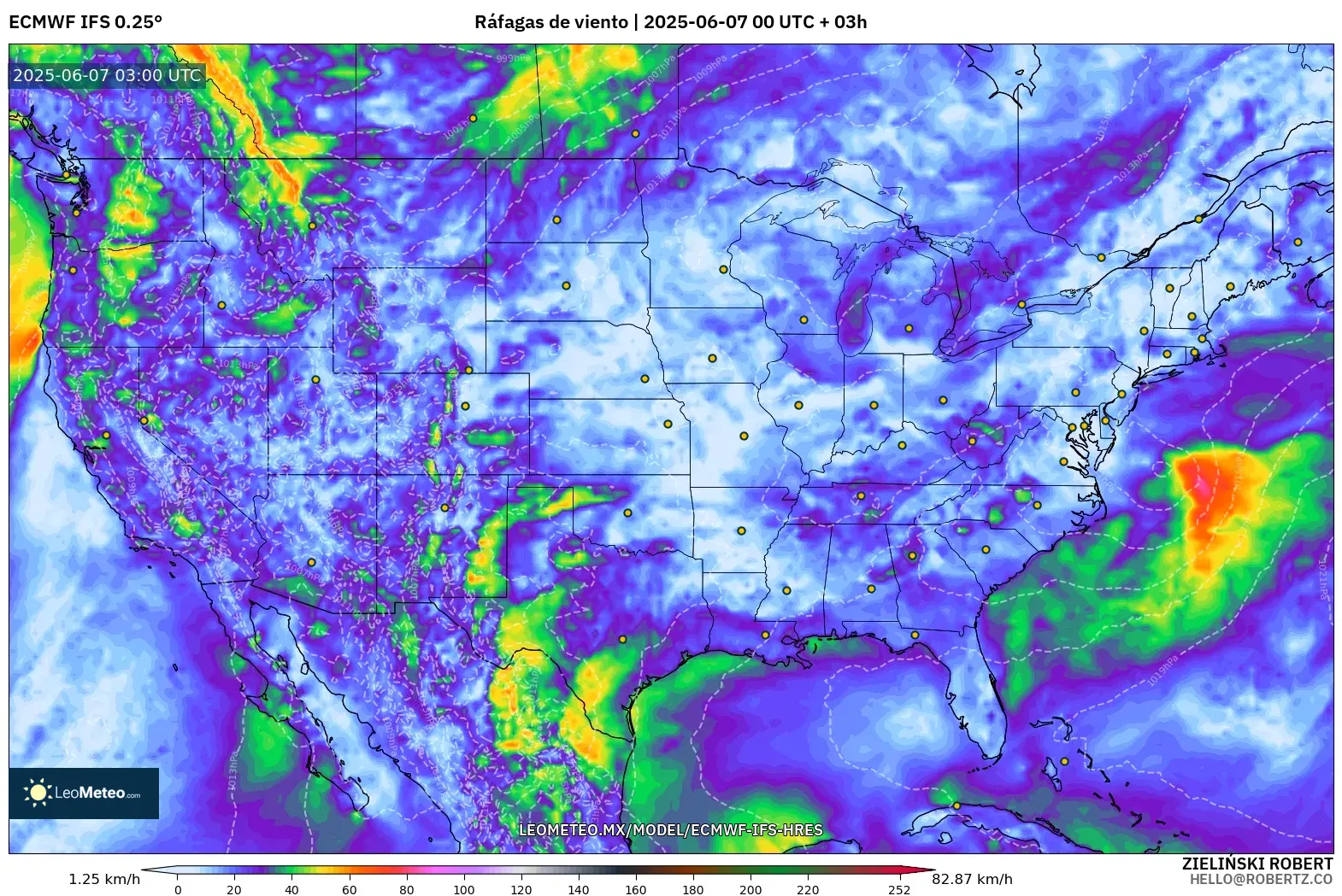ECMWF IFS 0.25° model - Estados Unidos, Ráfagas de viento ECMWF IFS 0.25° model - Estados Unidos, Ráfagas de viento
