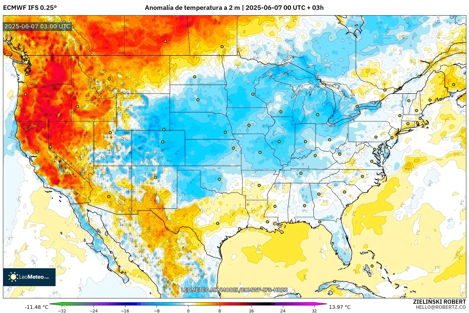 ECMWF IFS 0.25° model - Estados Unidos, Anomalía de temperatura a 2 m ECMWF IFS 0.25° model - Estados Unidos, Anomalía de temperatura a 2 m