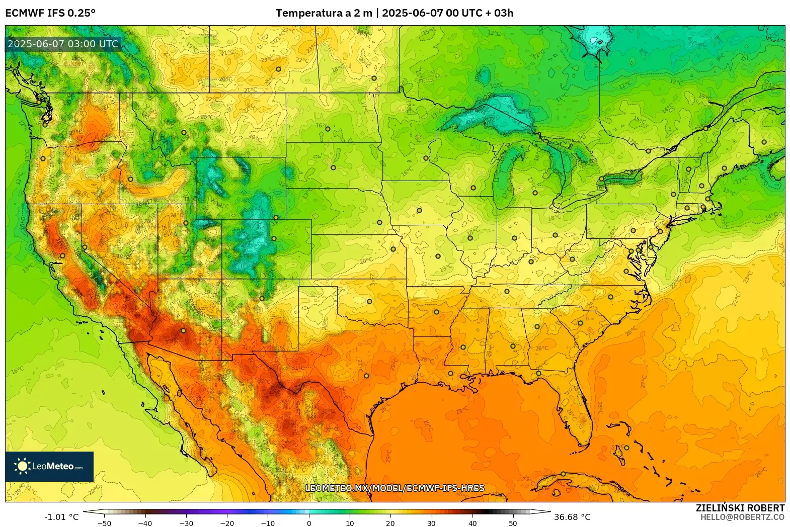 ECMWF IFS 0.25° model - Estados Unidos, Temperatura a 2 m ECMWF IFS 0.25° model - Estados Unidos, Temperatura a 2 m